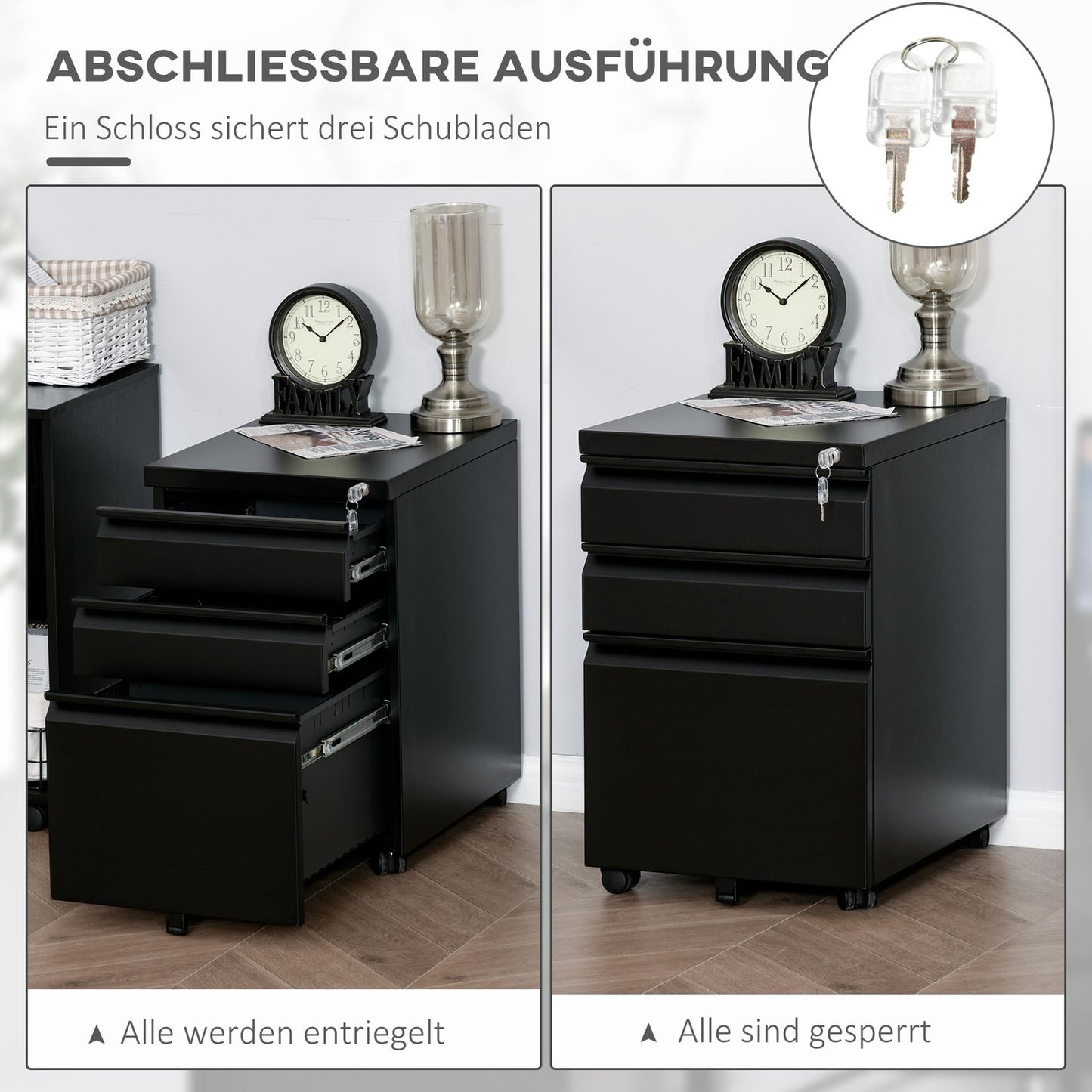 Rolling steel cabinet with 3 drawers - Office storage