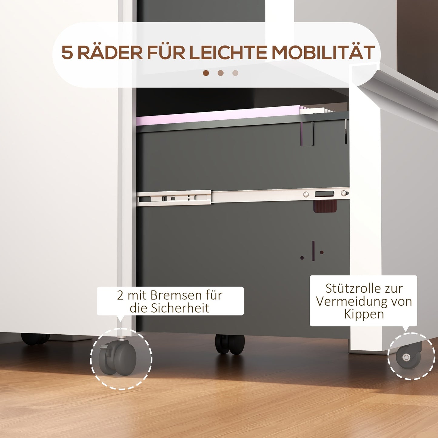 Rolling white filing cabinet in steel with 2 drawers, lockable