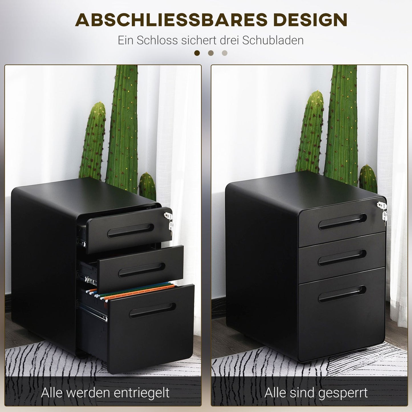Rolling file cabinet - 3 drawers, steel, black, 39x48x59 cm