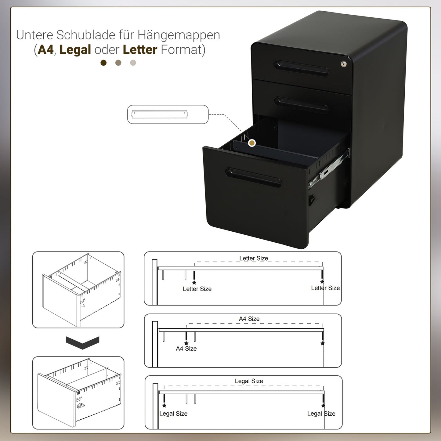 Rolling file cabinet - 3 drawers, steel, black, 39x48x59 cm