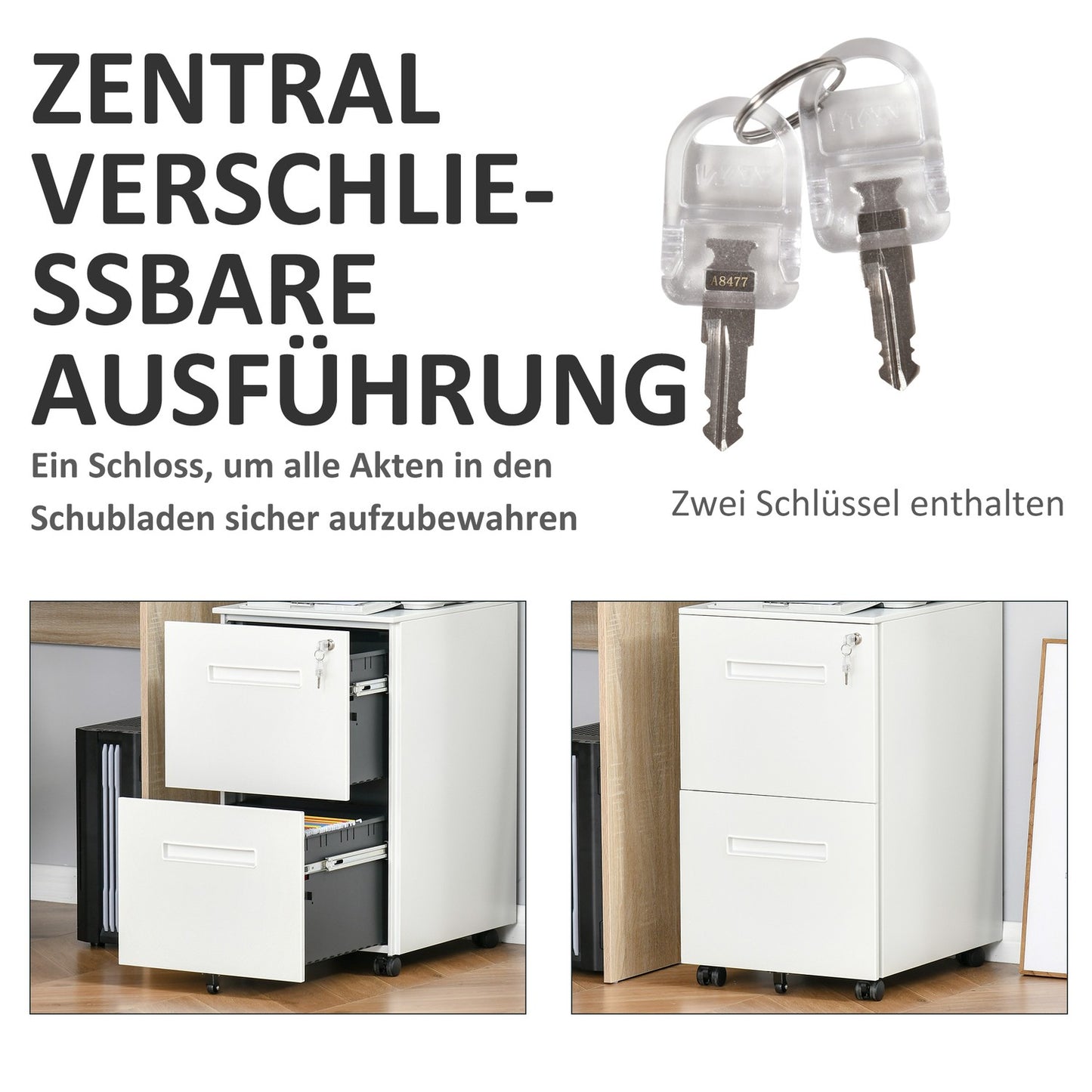Lockable steel filing cabinet on wheels, 2 drawers, A4