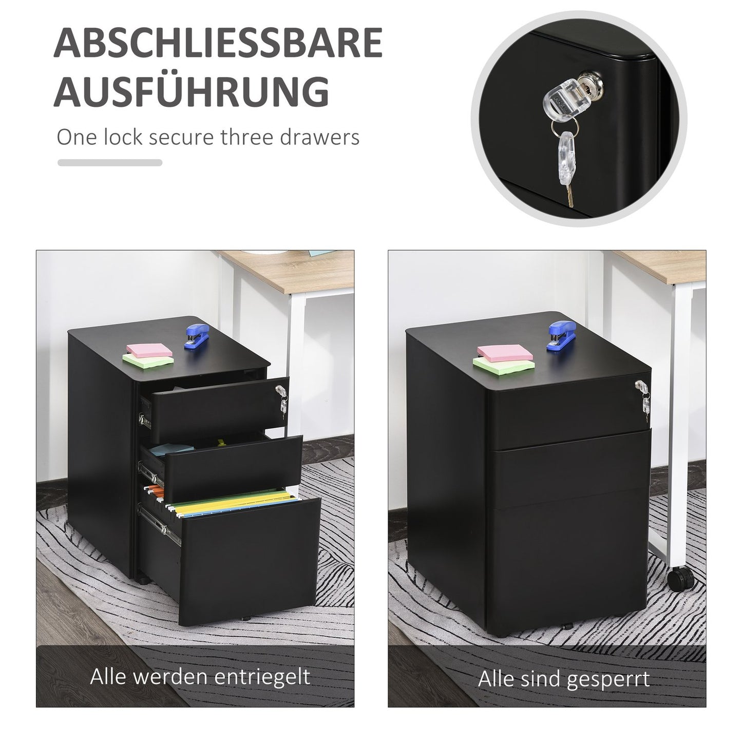 Mobile Steel filing cabinet with 3 drawers, Black 39x48x59Cm