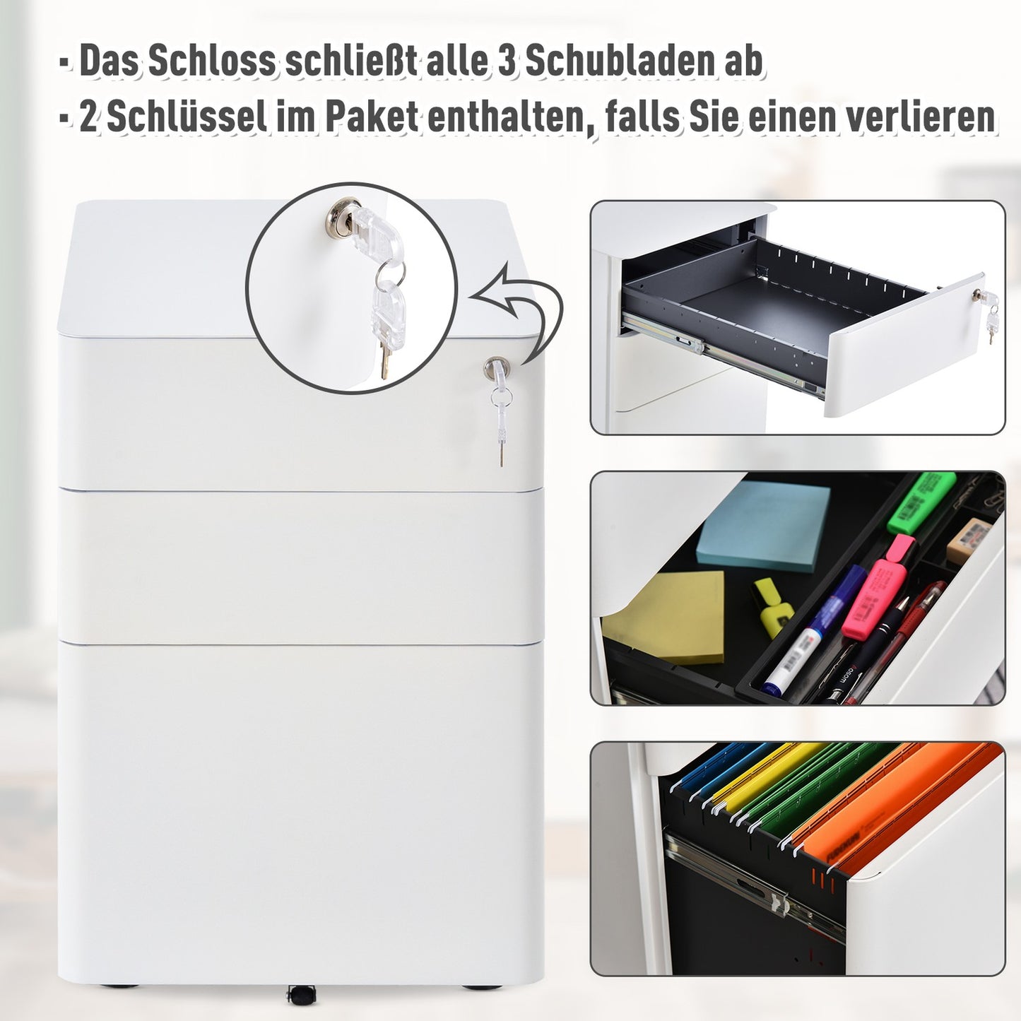 White mobile filing cabinet in steel with 3 drawers, 39x48x59 cm