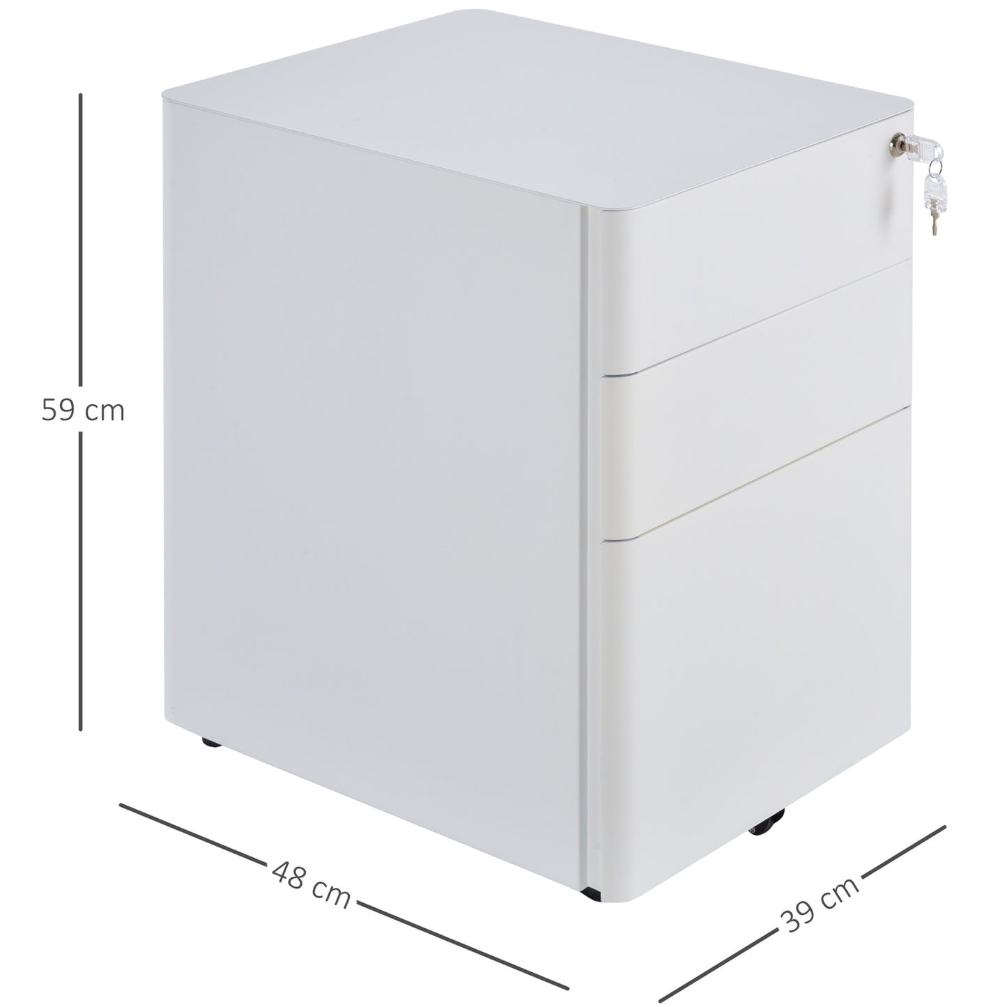 White mobile filing cabinet in steel with 3 drawers, 39x48x59 cm