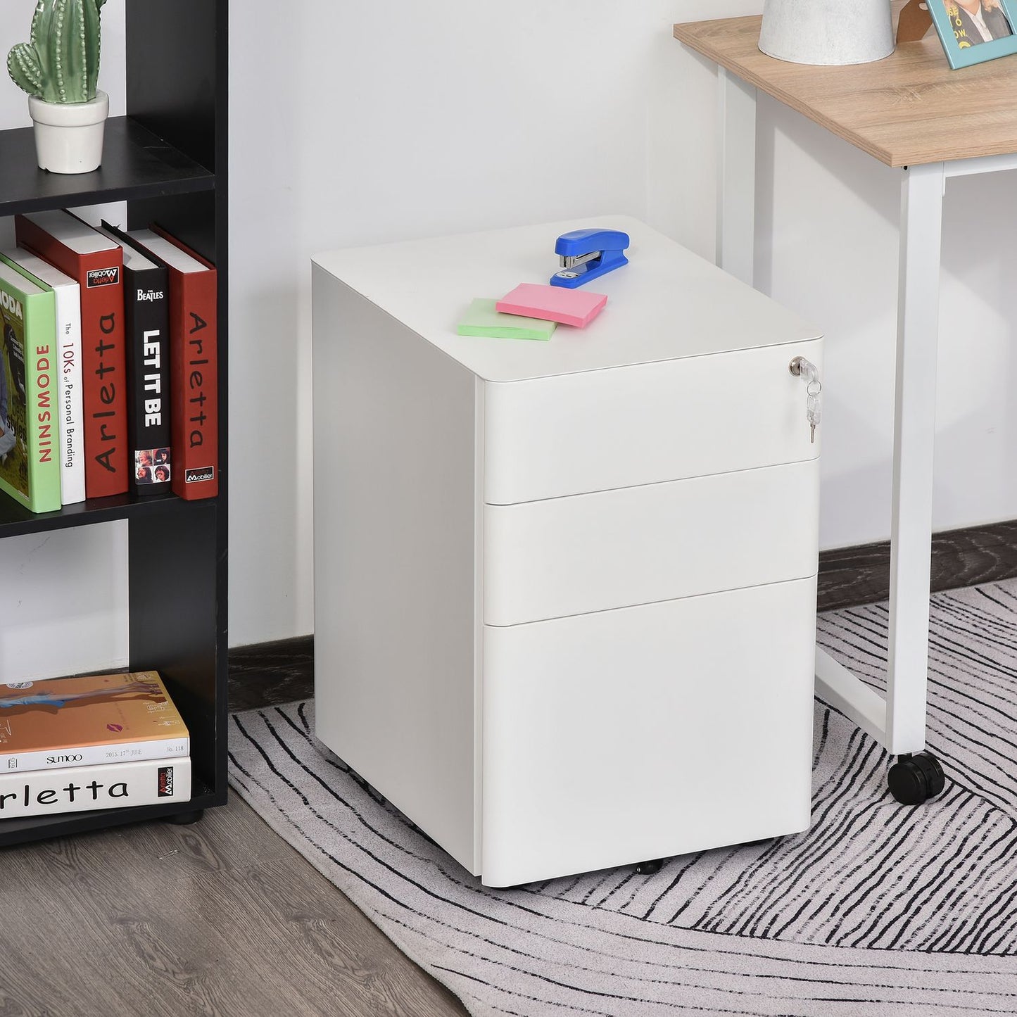 White mobile filing cabinet in steel with 3 drawers, 39x48x59 cm