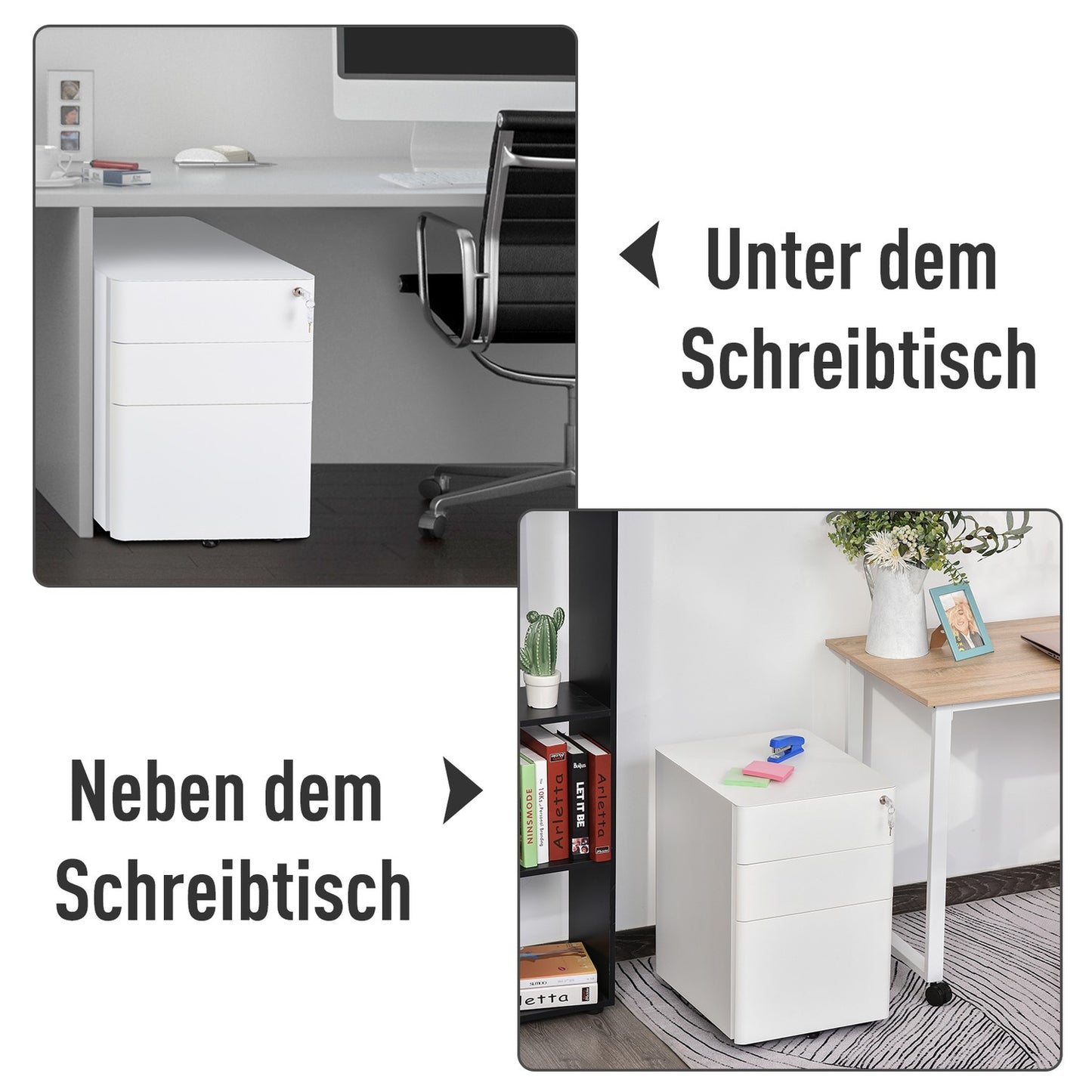 White mobile filing cabinet in steel with 3 drawers, 39x48x59 cm