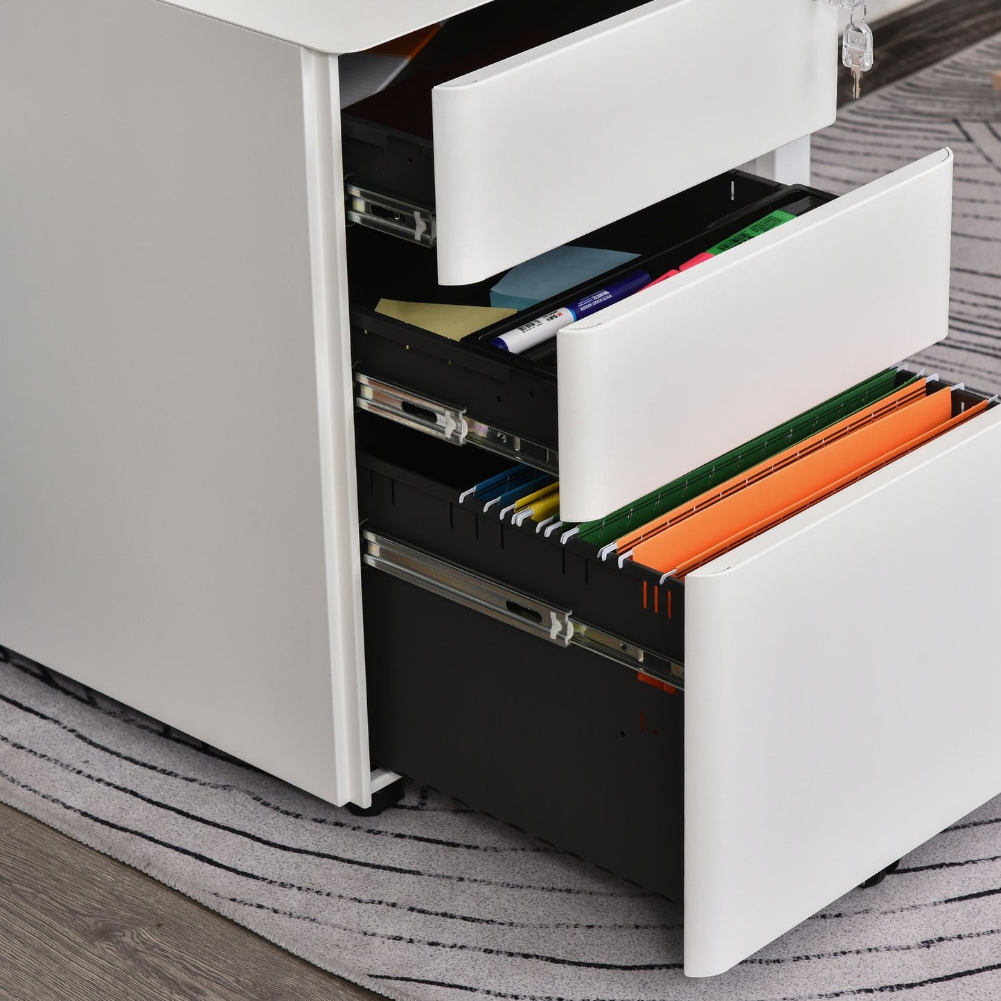 White mobile filing cabinet in steel with 3 drawers, 39x48x59 cm