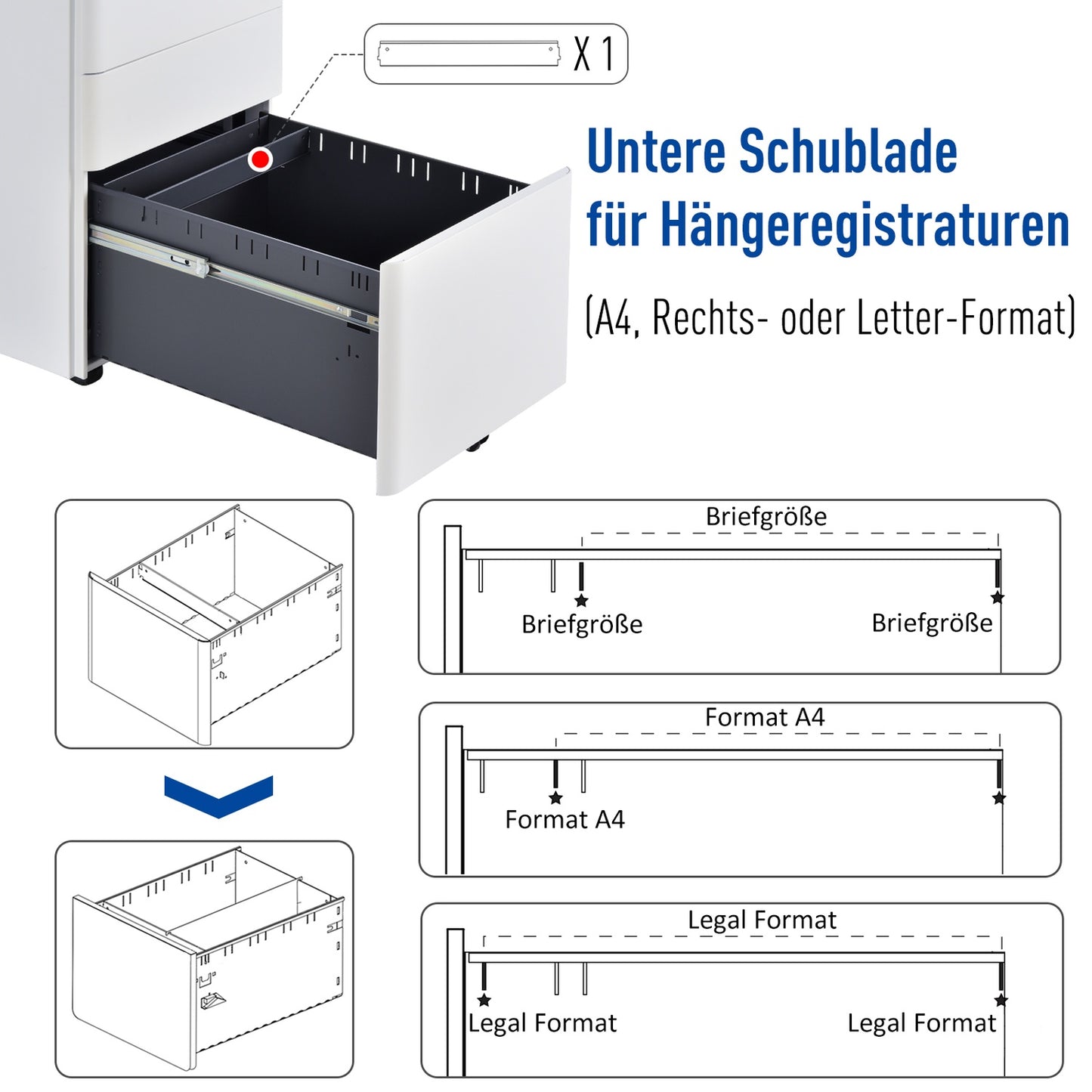 White mobile filing cabinet in steel with 3 drawers, 39x48x59 cm