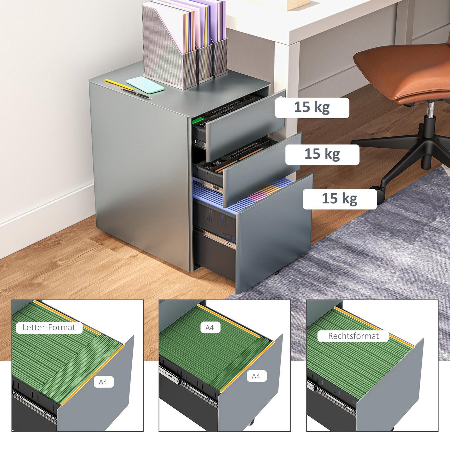 Gray rolling mobile filing cabinet with lockable drawers