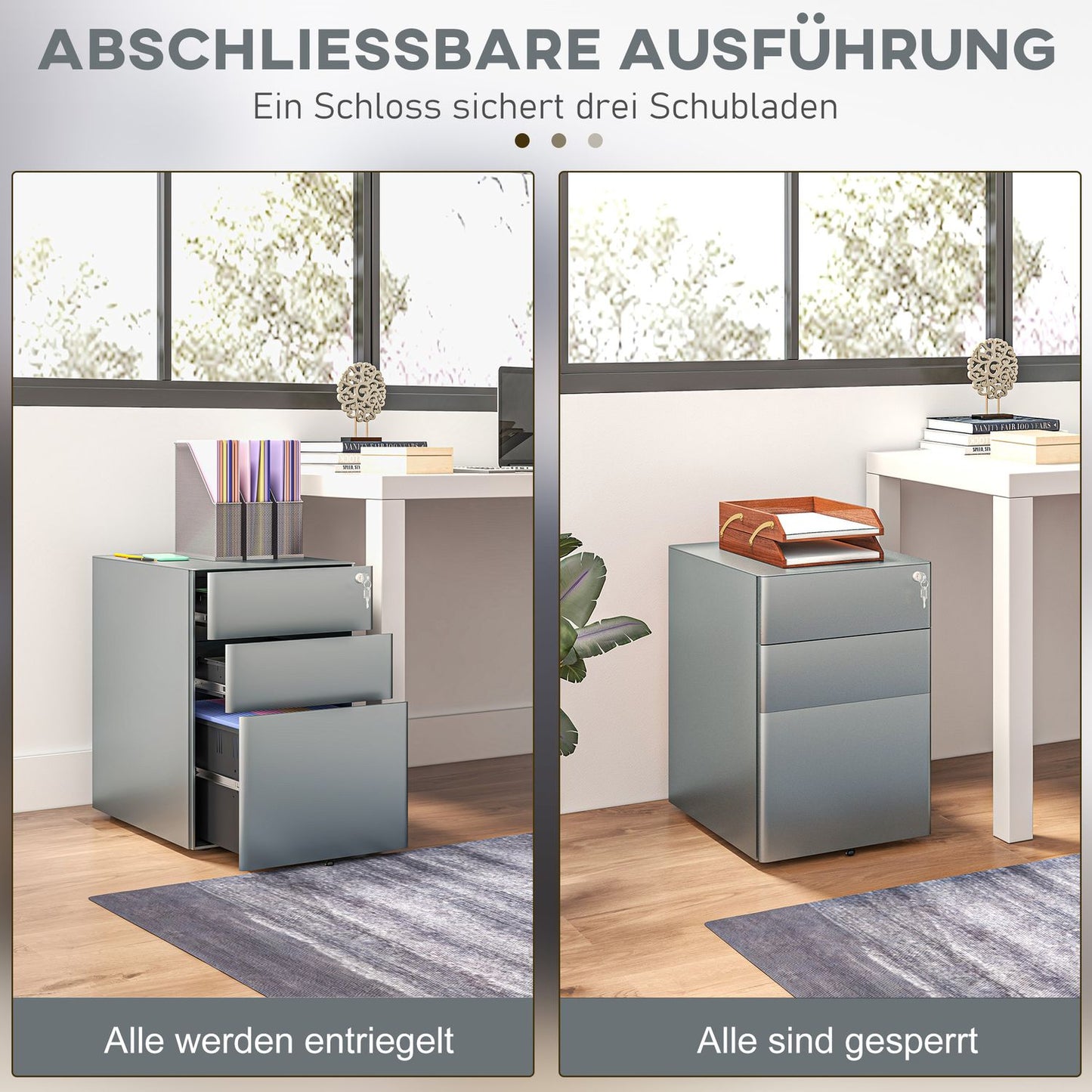 Gray rolling mobile filing cabinet with lockable drawers