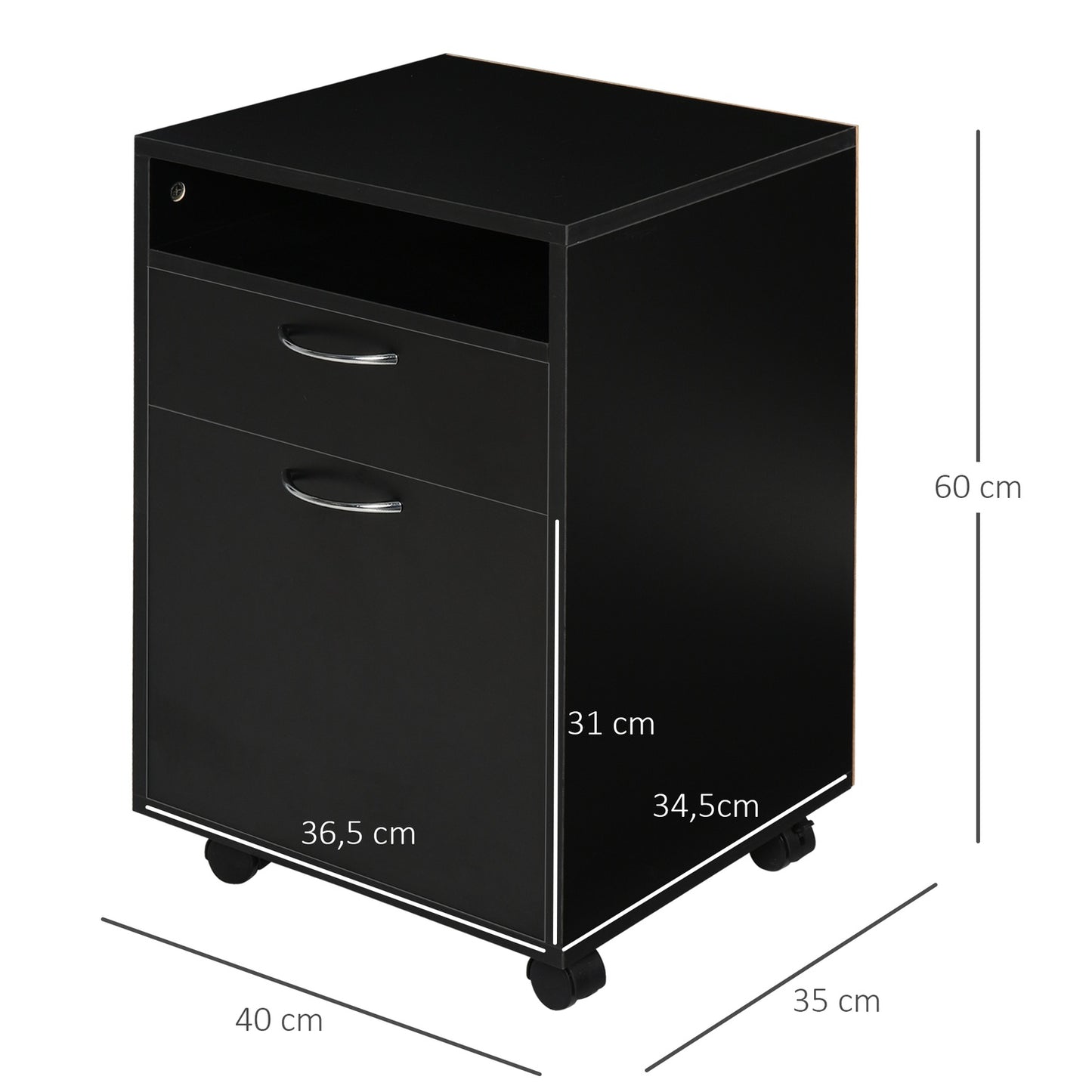Rolling filing cabinet with drawer - Black, 40x35x60 cm