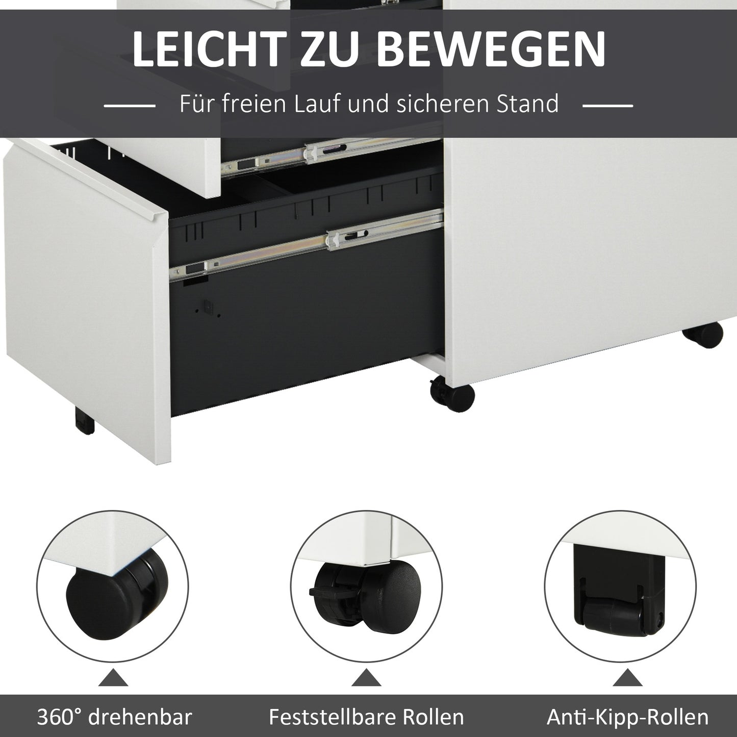 Office cabinet with 3 drawers, steel, white, mobile