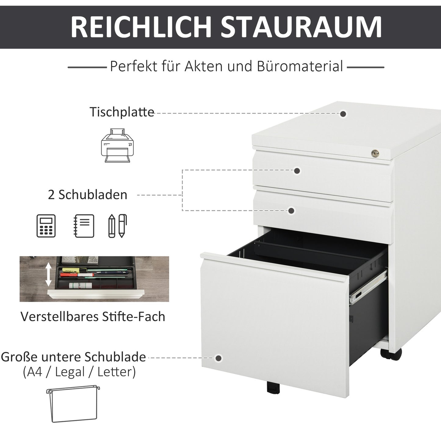 Office cabinet with 3 drawers, steel, white, mobile