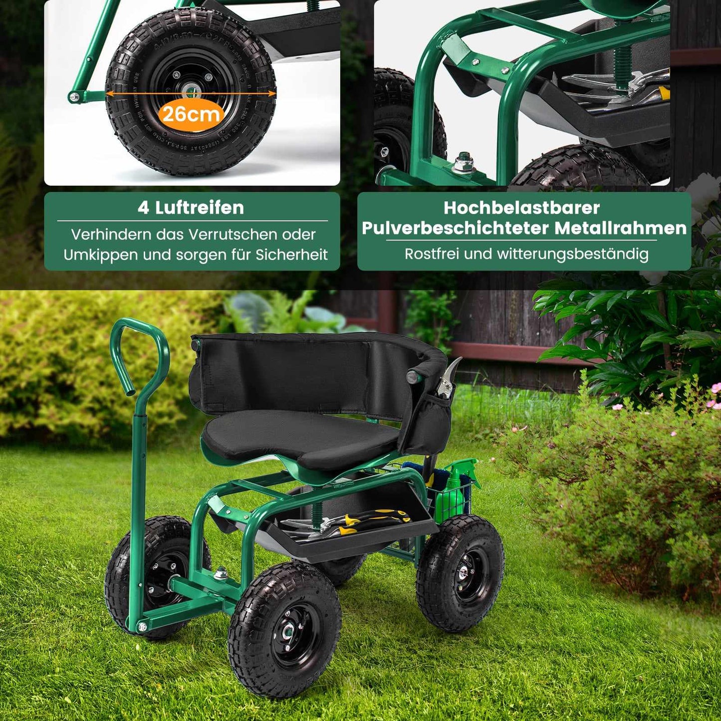 Rolling Garden Seat with Storage, Adjustable, Green