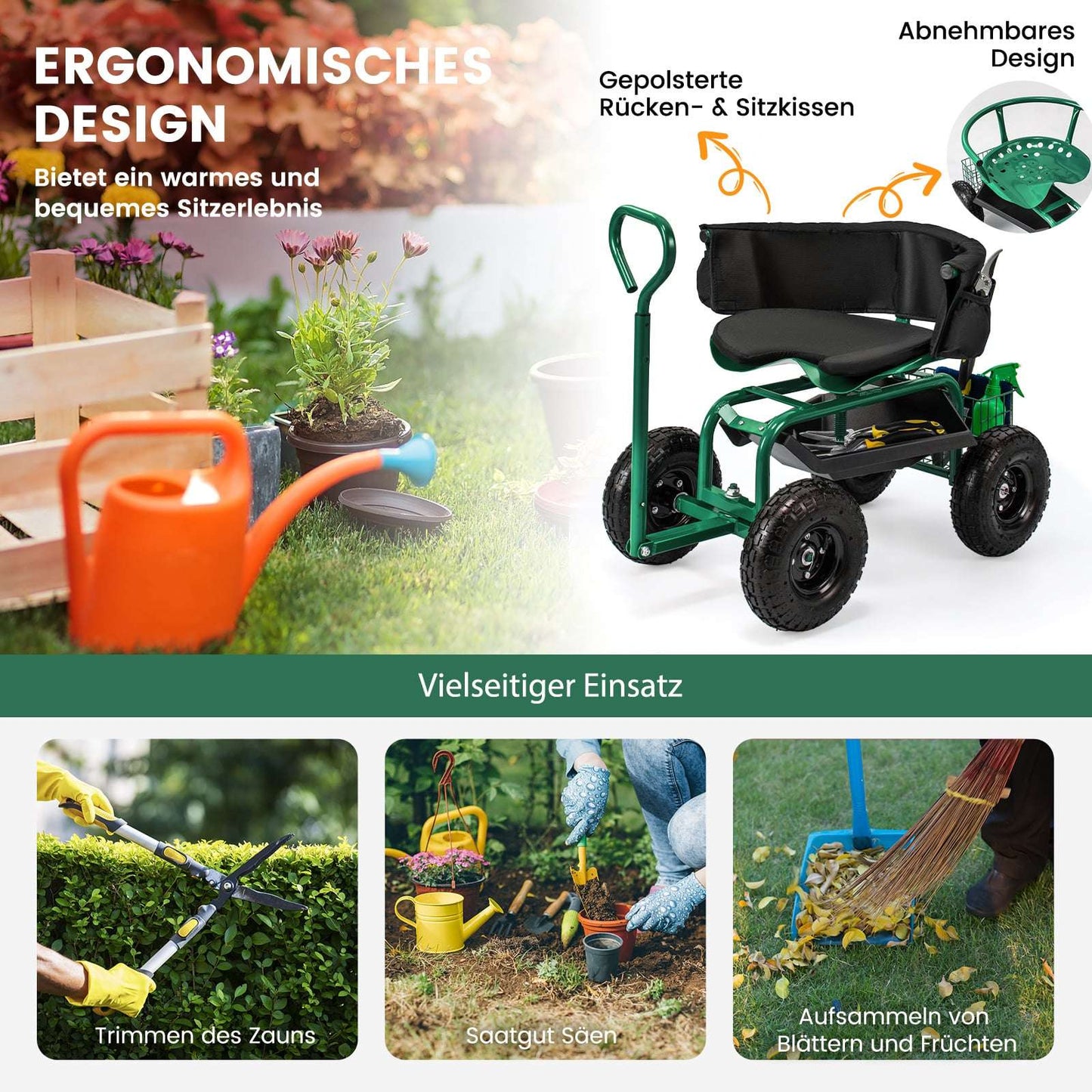 Rolling Garden Seat with Storage, Adjustable, Green