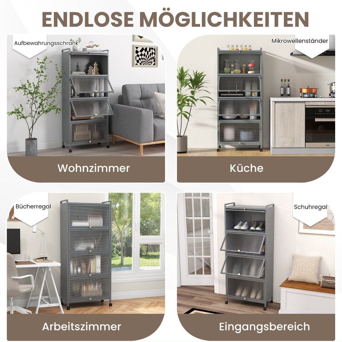 Rolling Kitchen Cabinet with Shelves and Folding Doors