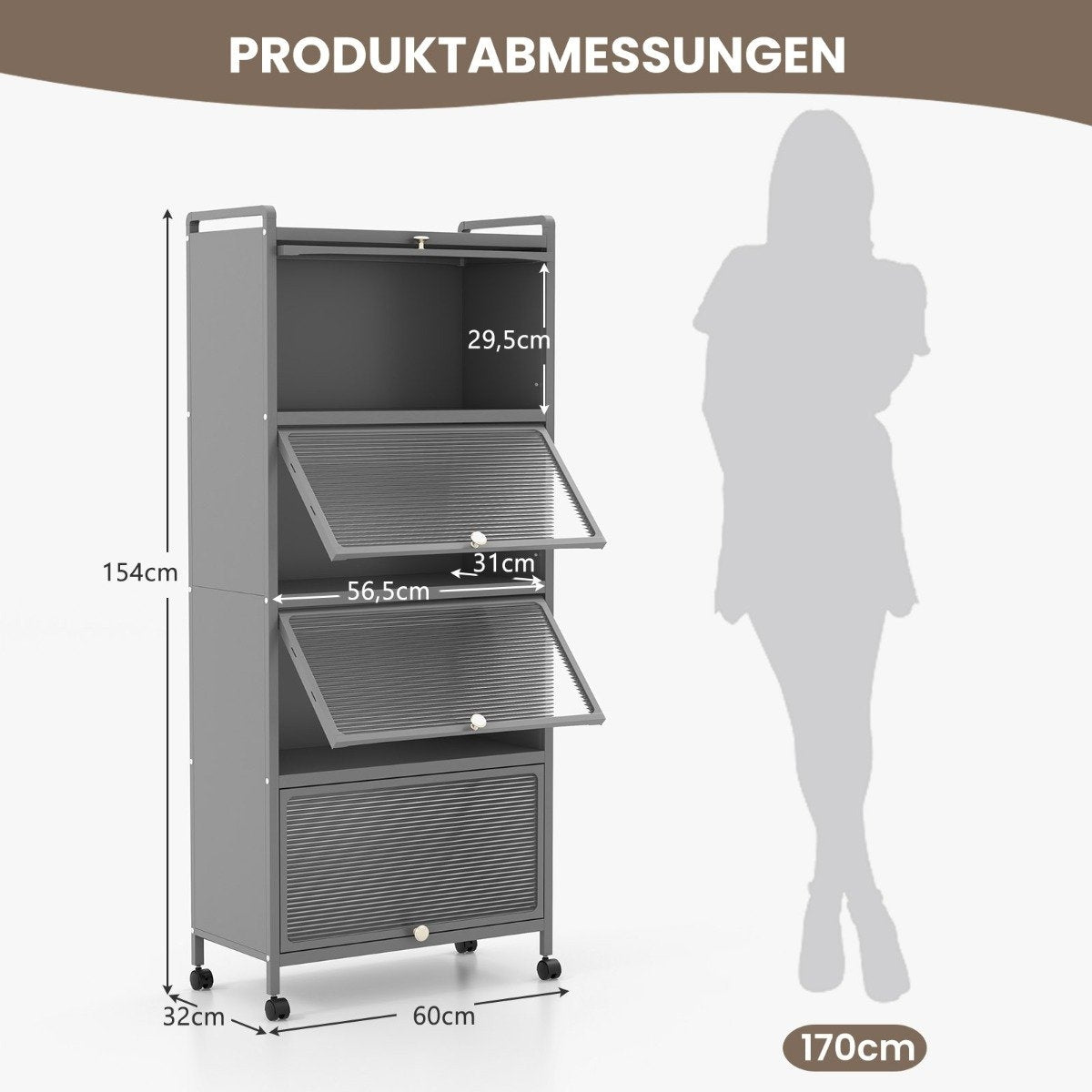 Rolling Kitchen Cabinet with Shelves and Folding Doors