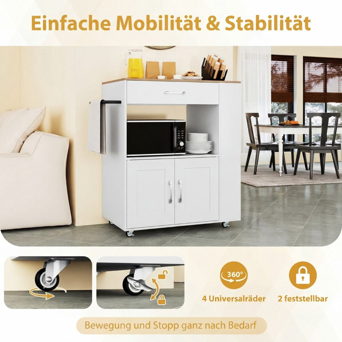 Rolling Kitchen Cart with Charging Station & Shelves