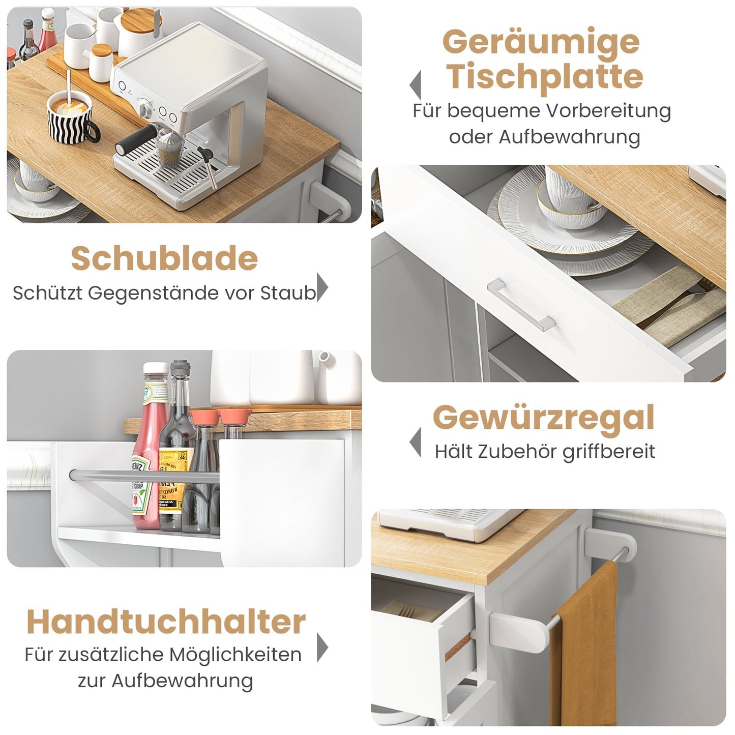 Rolling Kitchen Cart with Drawer, Spice Rack, Towel Bars