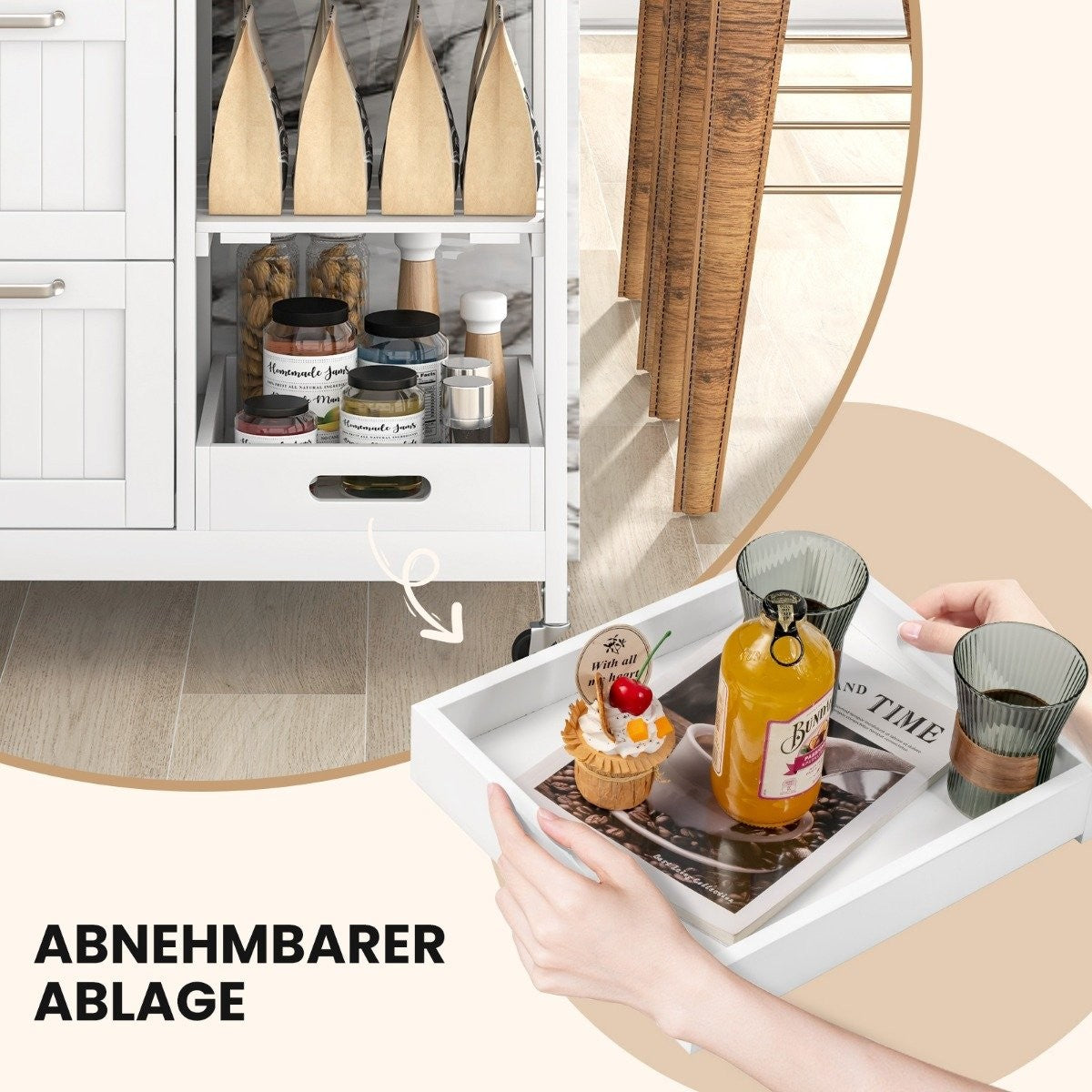 Rolling Kitchen Island Cart with 2-Tier Storage, White