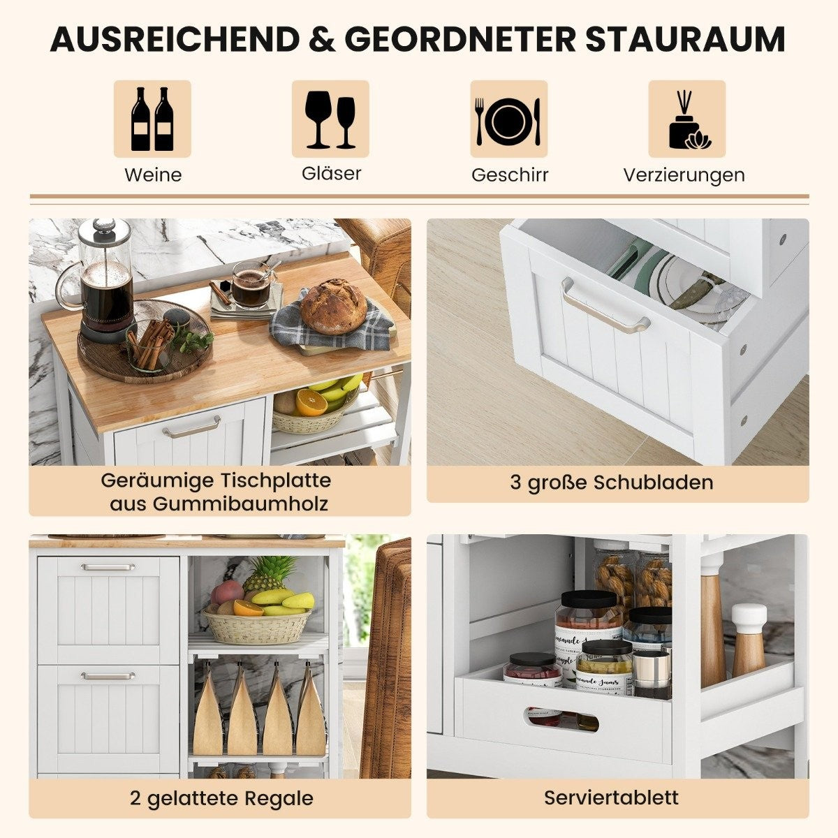 Rolling Kitchen Island Cart with 2-Tier Storage, White