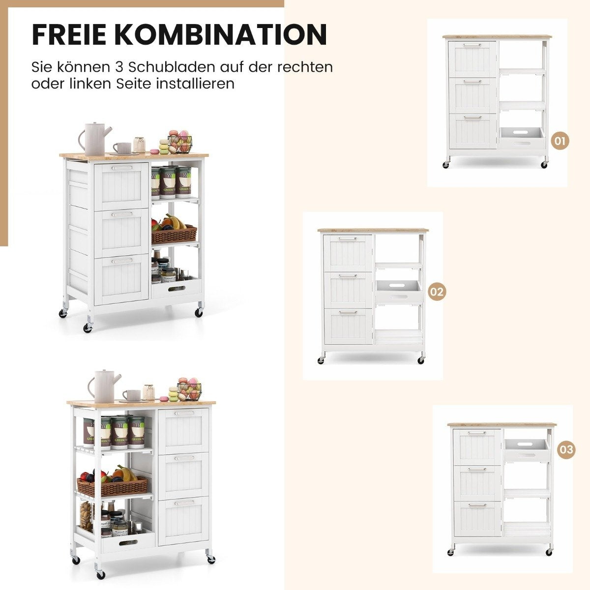Rolling Kitchen Island Cart with 2-Tier Storage, White