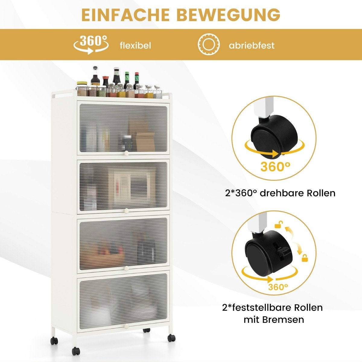 Rolling Kitchen Shelf with Foldable Doors, 60x32x154 cm, White