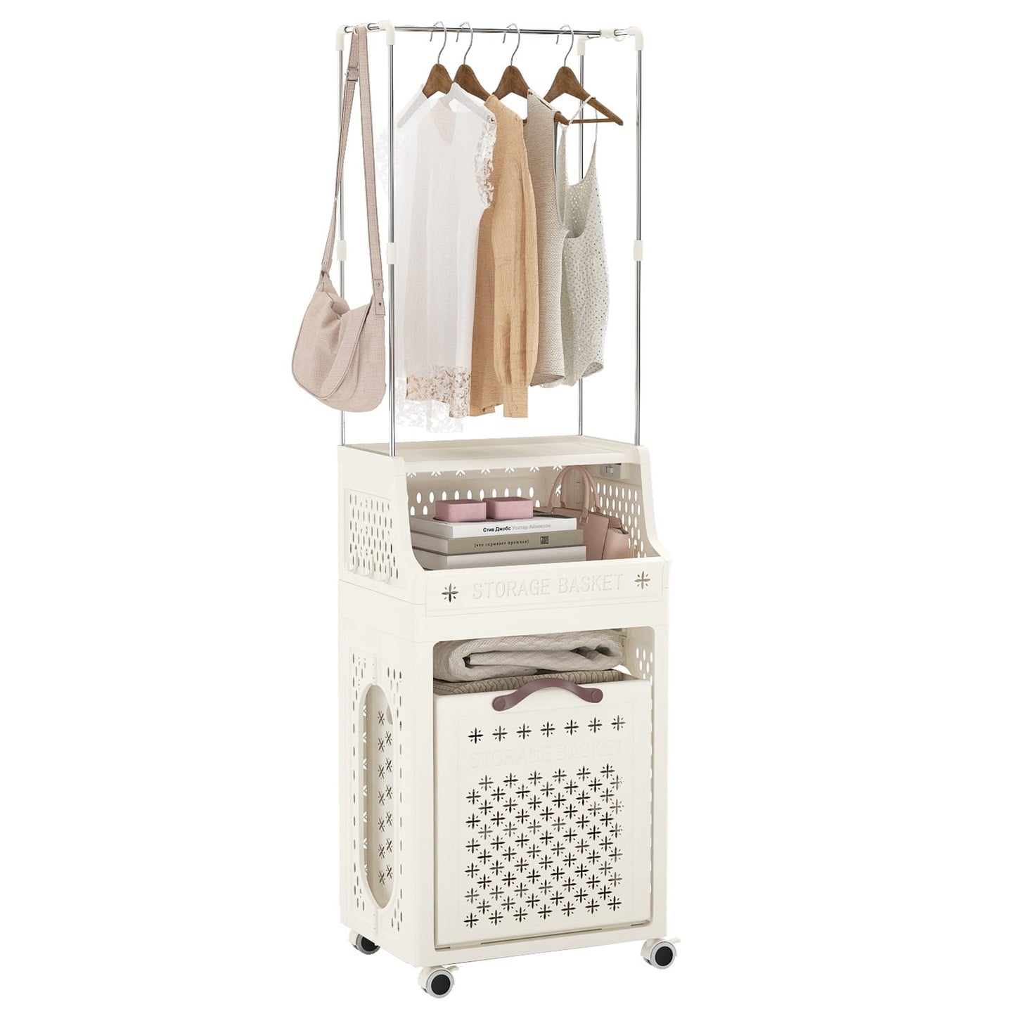 Rolling Laundry Basket with Hanger, Foldable, Beige, 30L