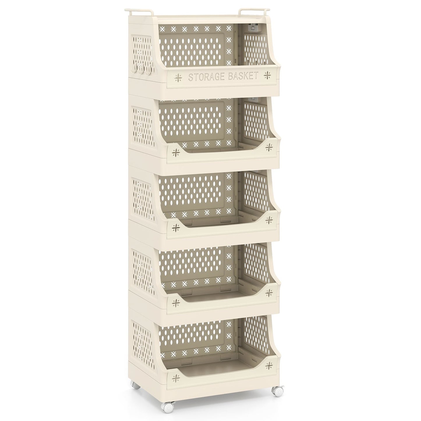 Rolling Laundry Cart with Handles & Hooks, 6-Tier Stackable Storage