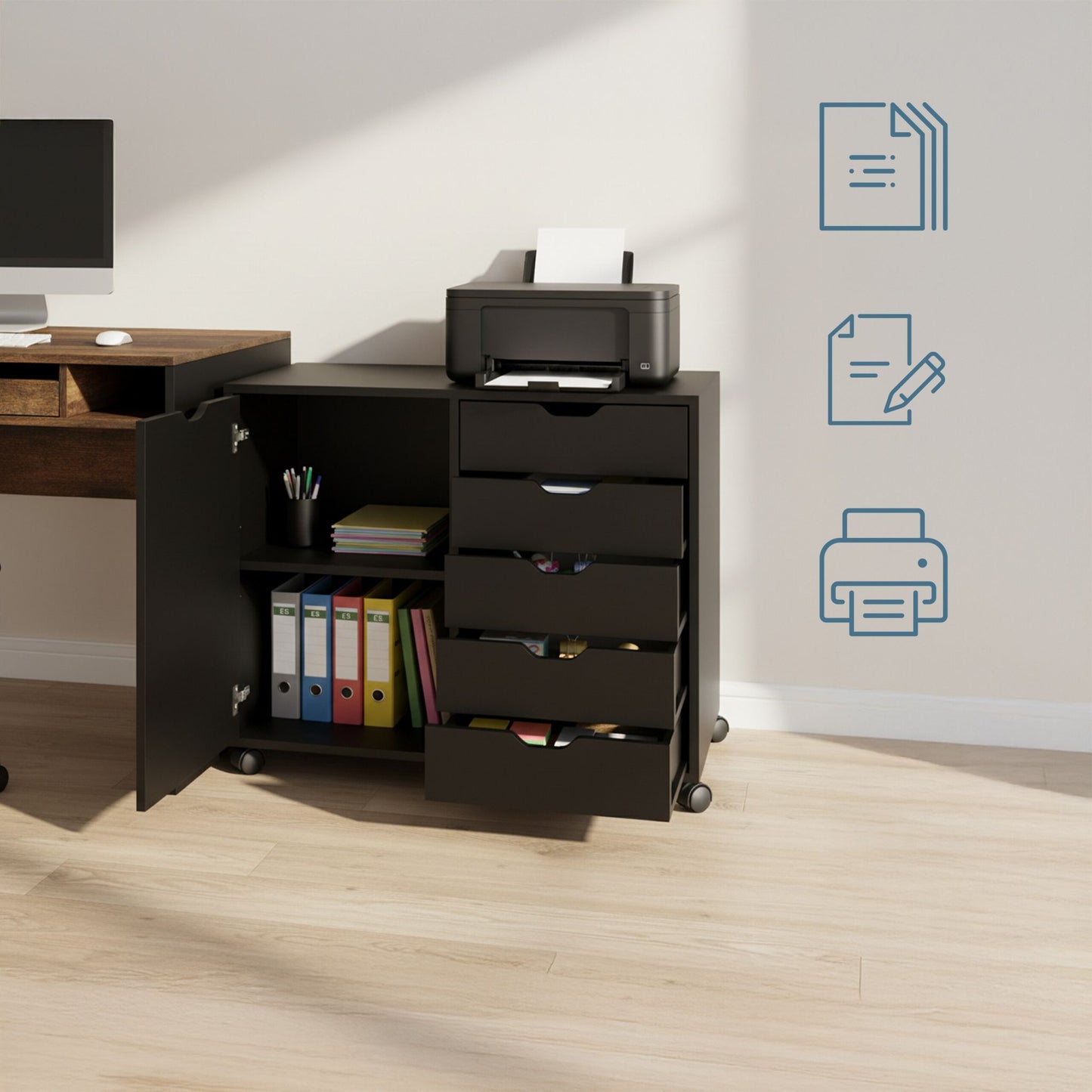 Rolling Office Cart with 5 Drawers & 2 Shelves
