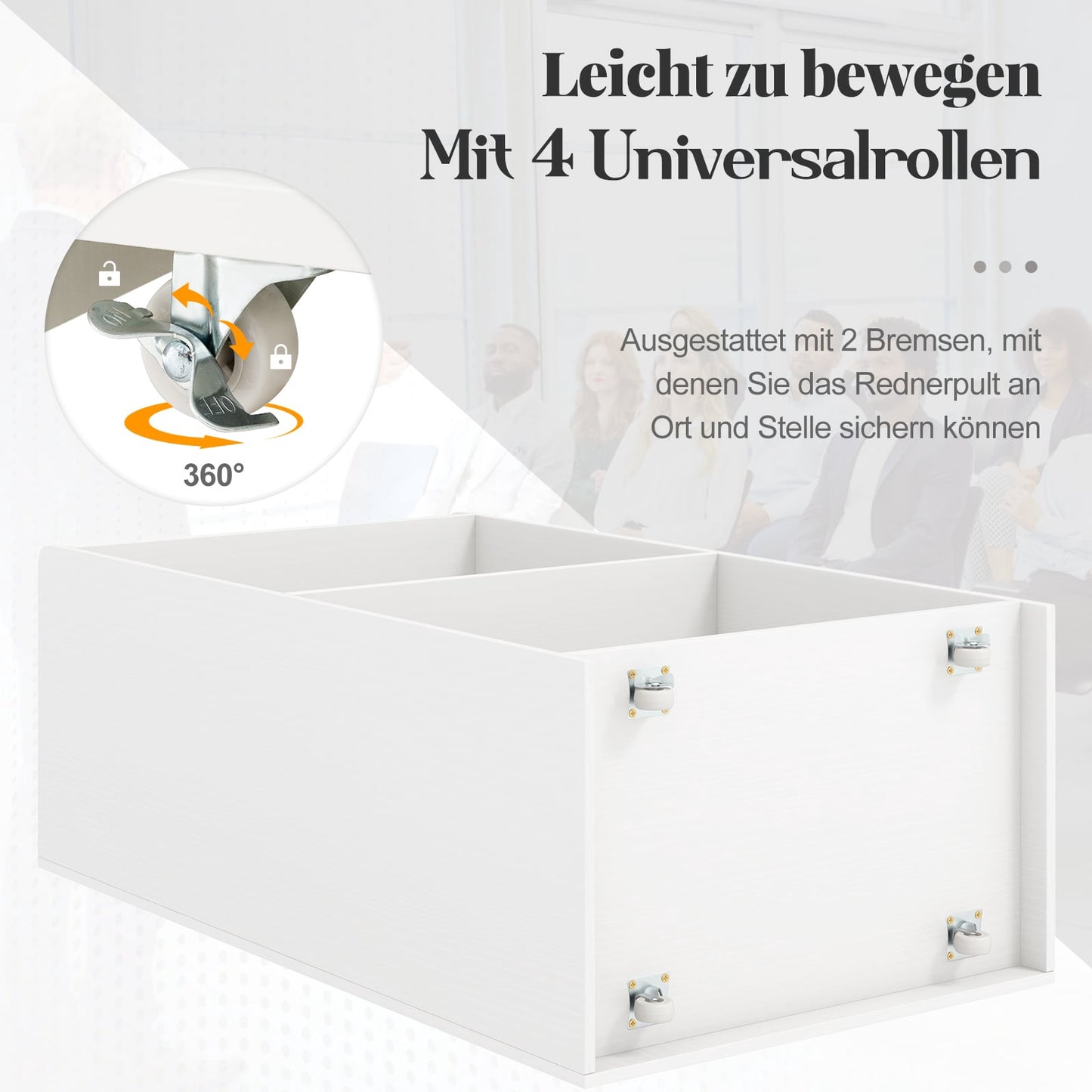 Rolling Podium Stand with 2 Shelves, 4 Wheels, White