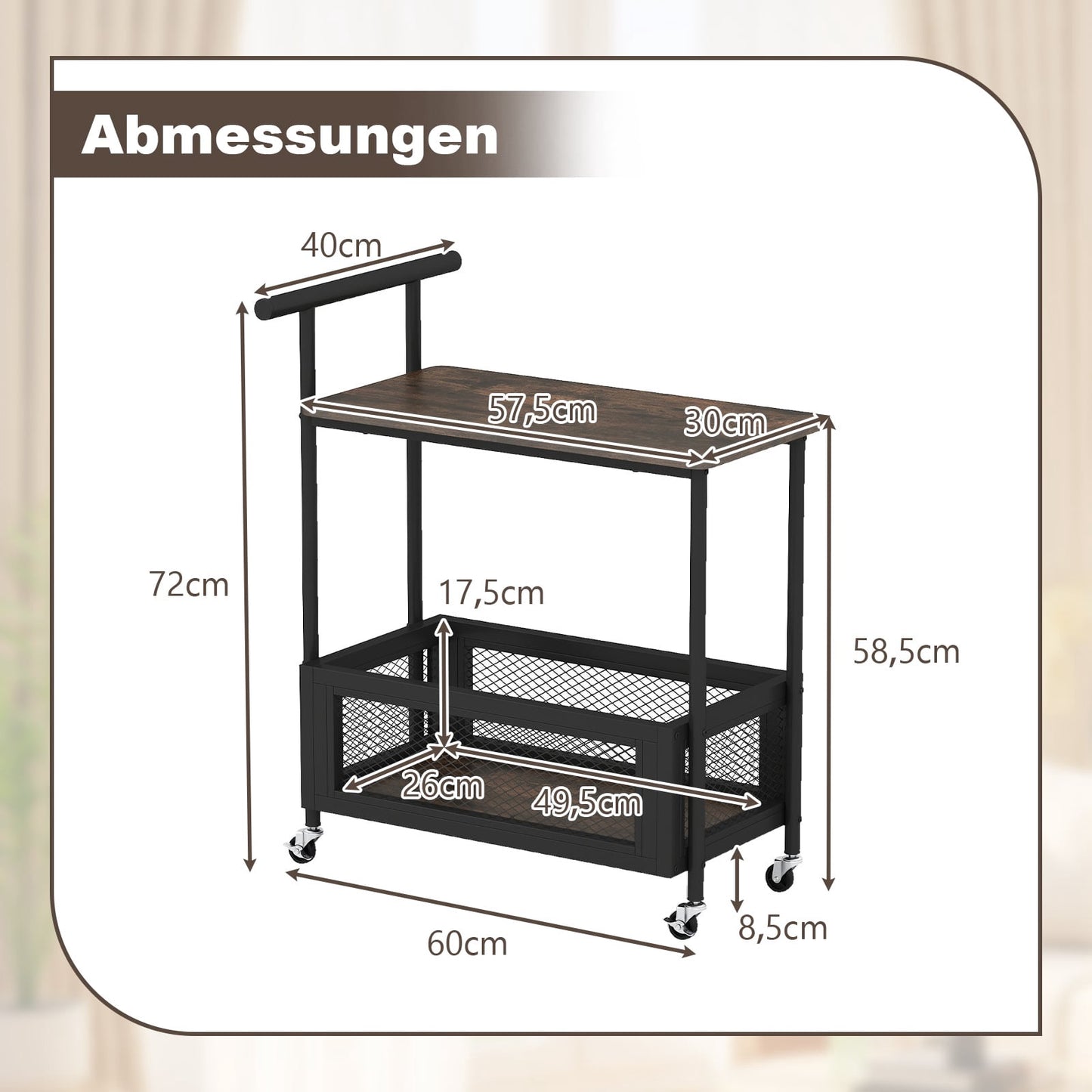 Rolling Side Table with Handle, 2-Tier Storage, Black
