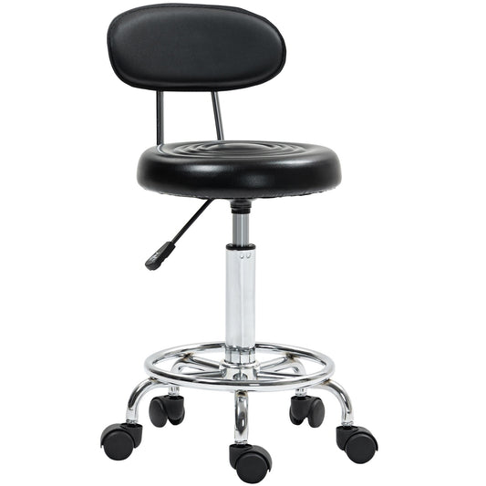 Adjustable rolling stool with backrest and wheels, black
