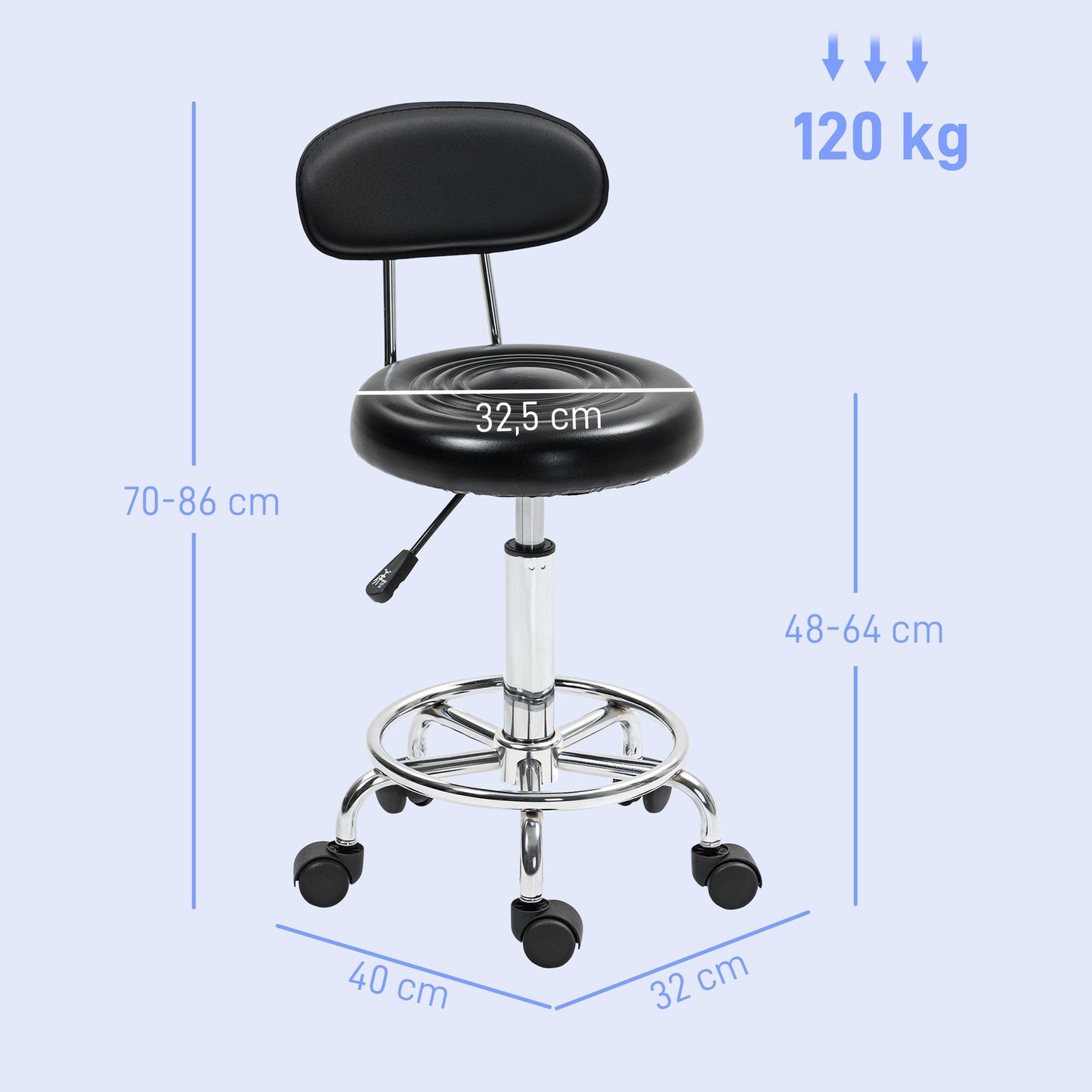 Adjustable rolling stool with backrest and wheels, black