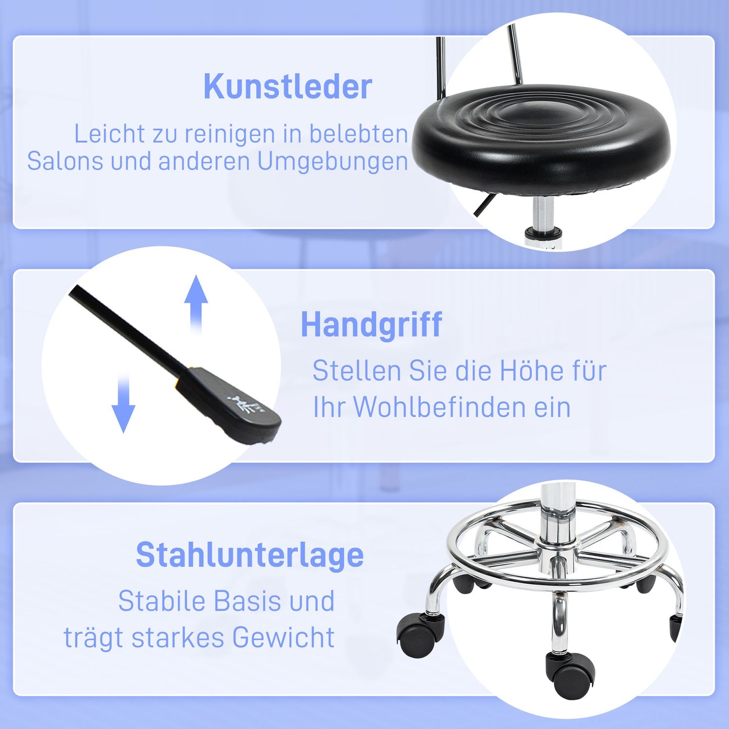 Adjustable rolling stool with backrest and wheels, black