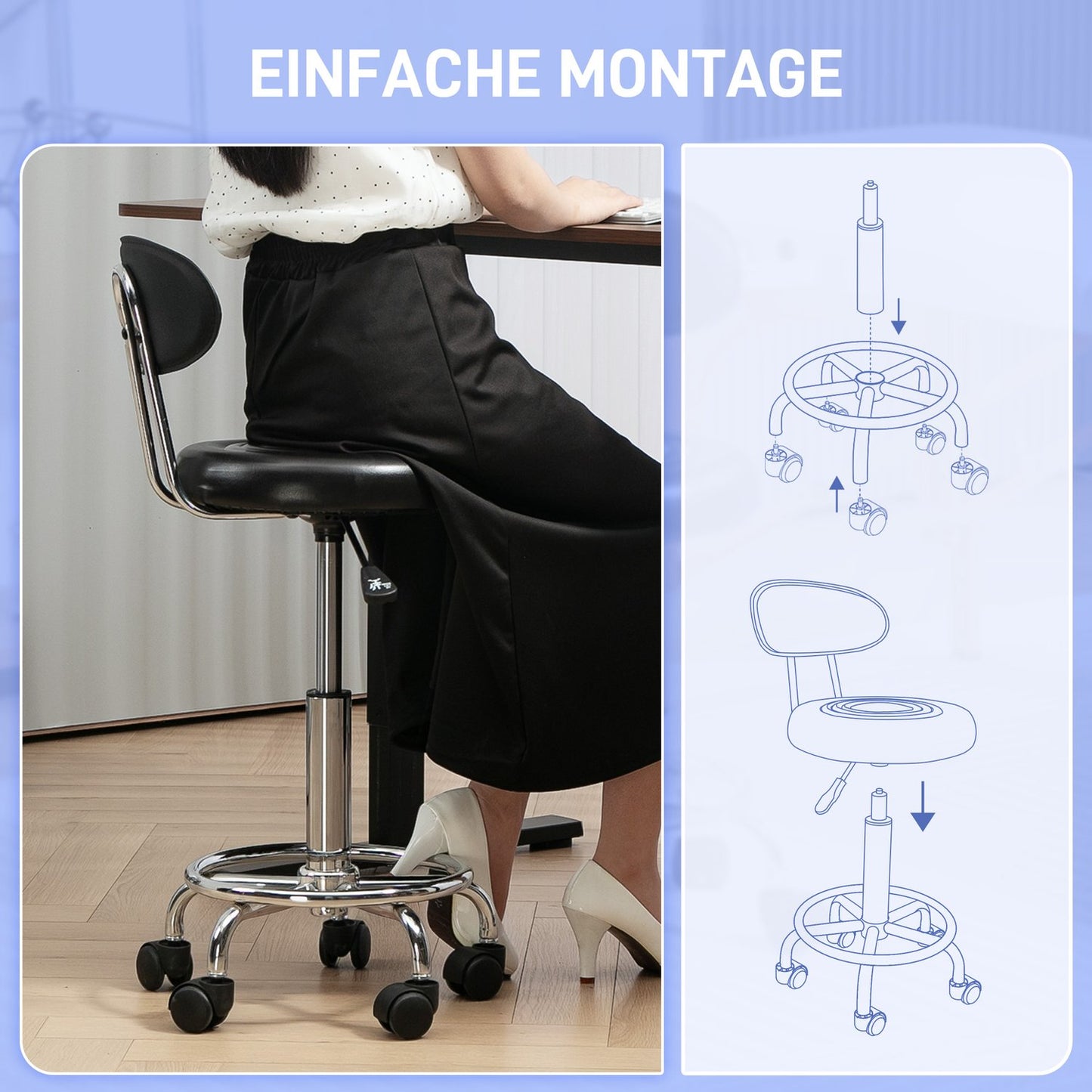 Adjustable rolling stool with backrest and wheels, black
