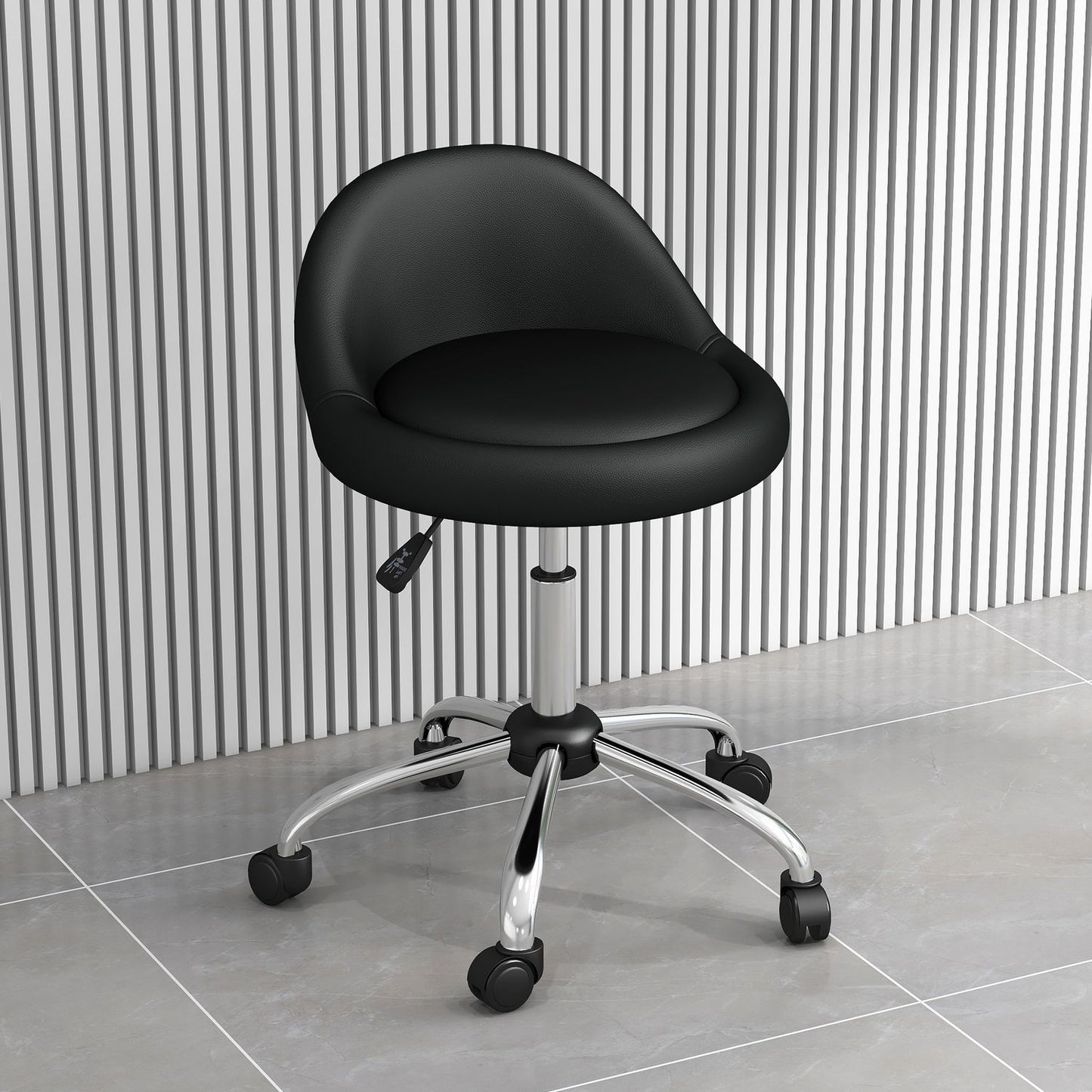 Height-adjustable swiveling rolling stool, artificial leather, black