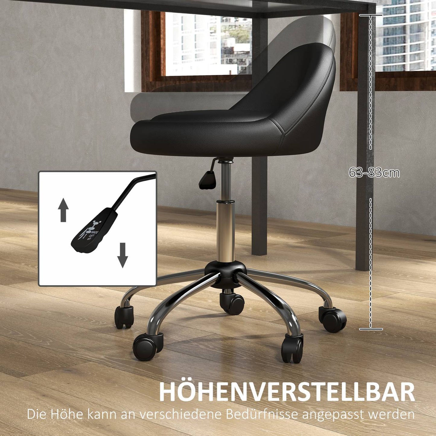 Height-adjustable swiveling rolling stool, artificial leather, black
