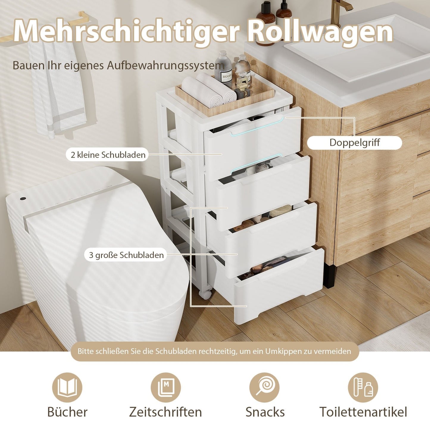 Rolling Storage Cabinet with 5 Drawers, PP Material