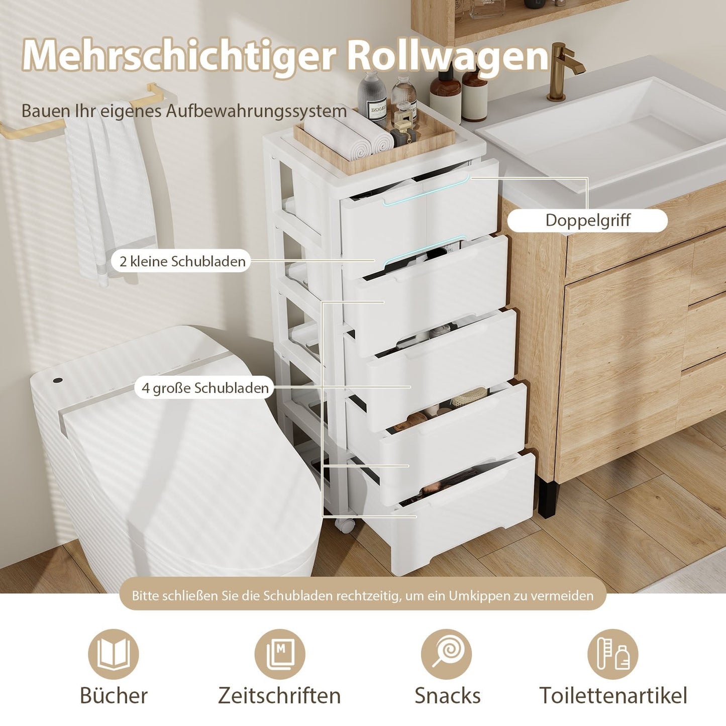 Rolling Storage Cabinet with 6 Drawers, PP Material