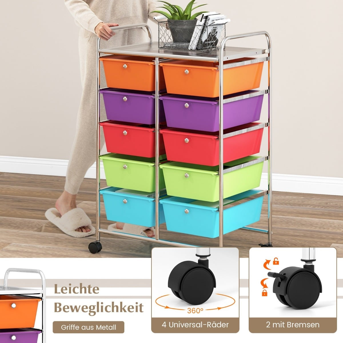 Rolling Storage Cart with 10 Drawers, Lockable Wheels
