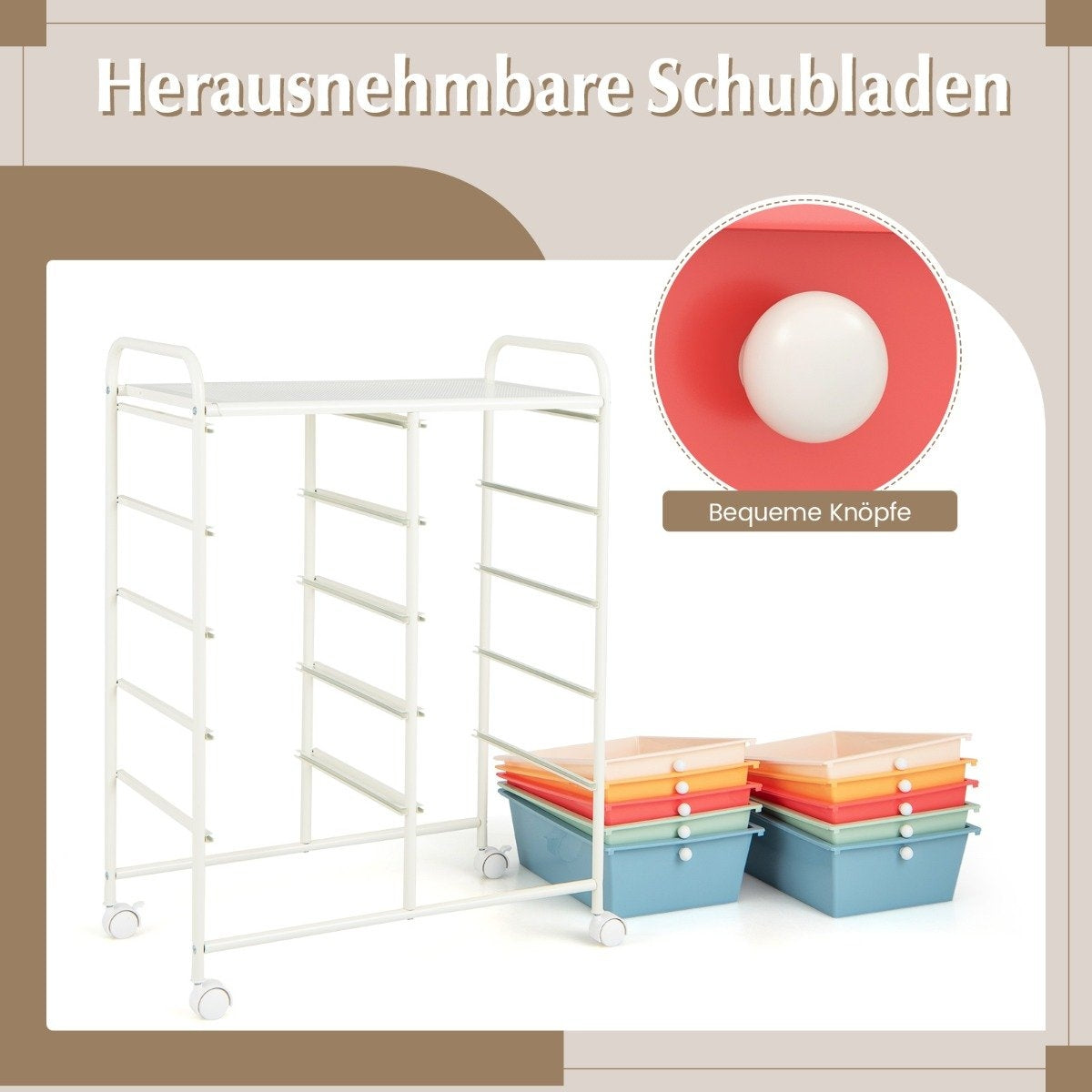 Rolling Storage Cart with 10 Drawers, Multi-Color