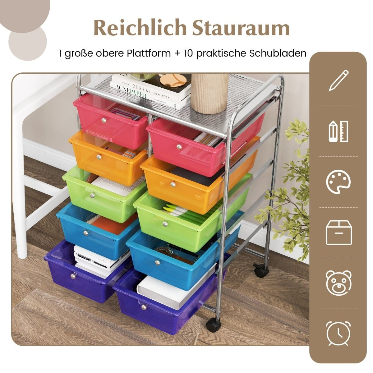 Rolling Storage Cart with 10 Drawers, Transparent Color