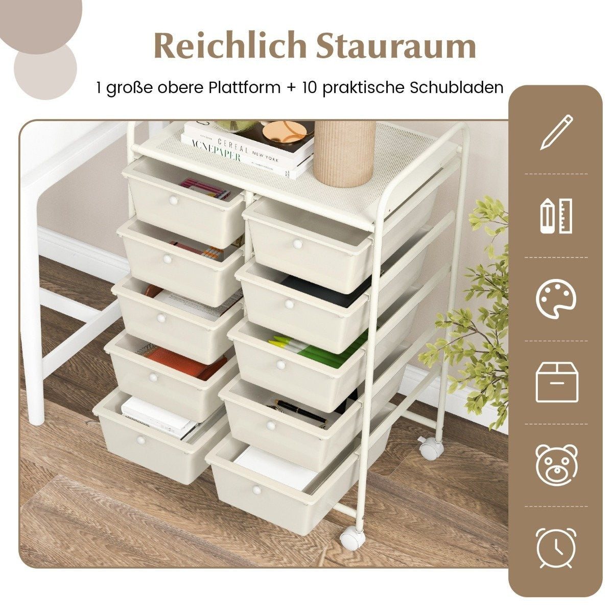 Rolling Storage Cart with 10 Drawers, White, Mobile Organizer