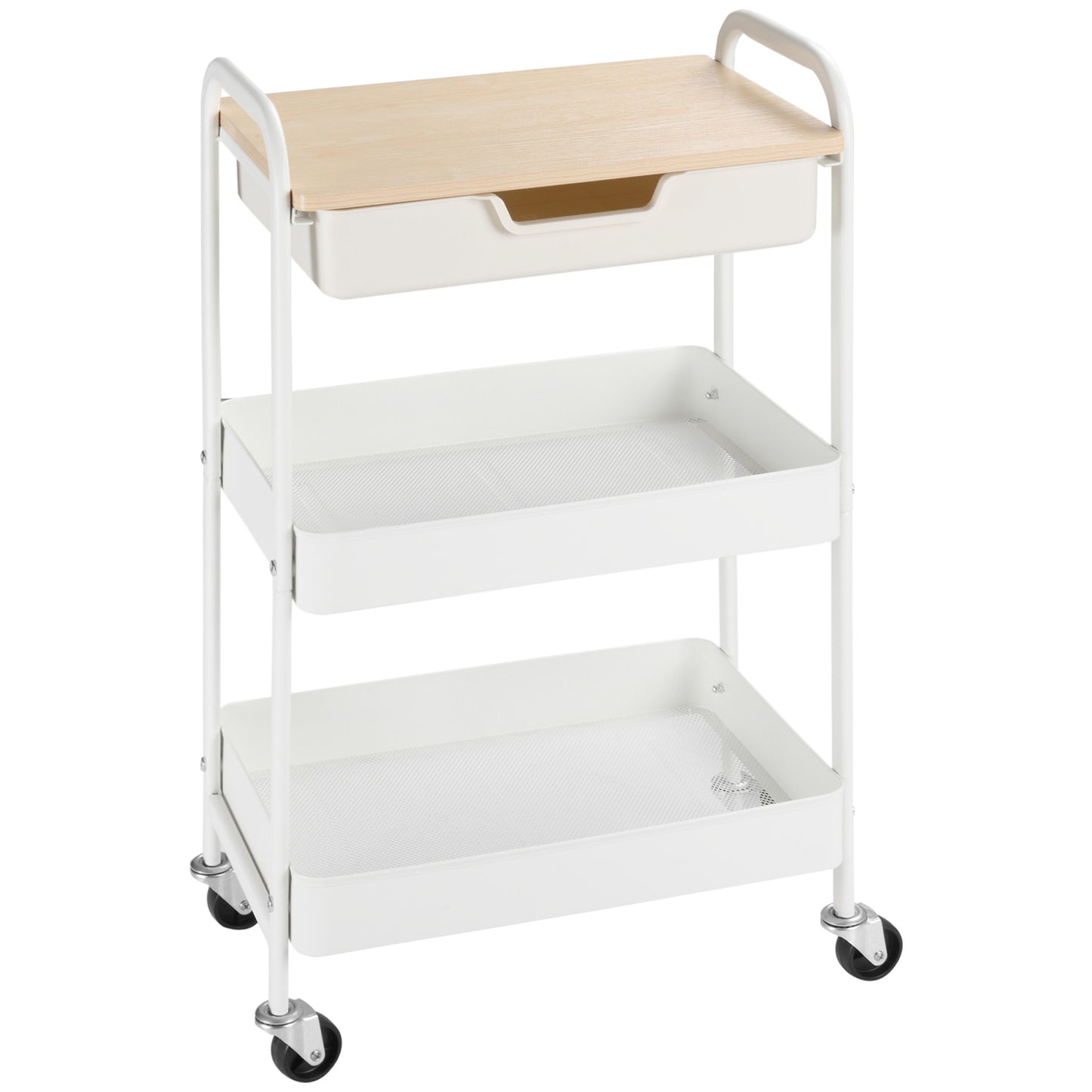 Rolling Storage Cart with Shelves and Drawer, White Steel