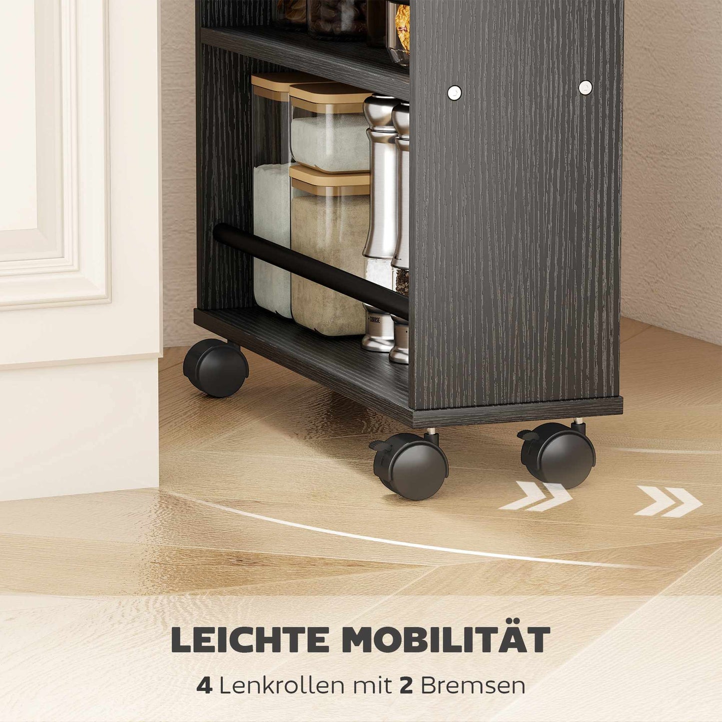 Rolling Storage Shelf, Narrow Design, 4 Tiers, 45x15x91 cm, Black