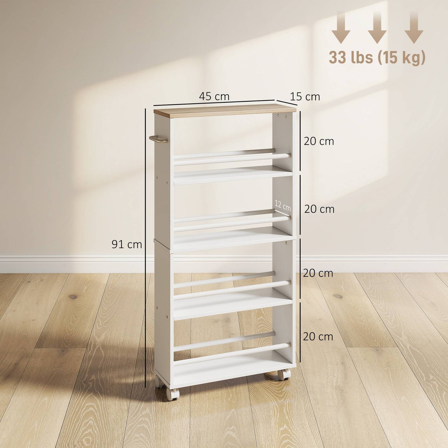 Rolling Storage Shelf, Narrow Design, 4 Tiers, 45x15x91 cm