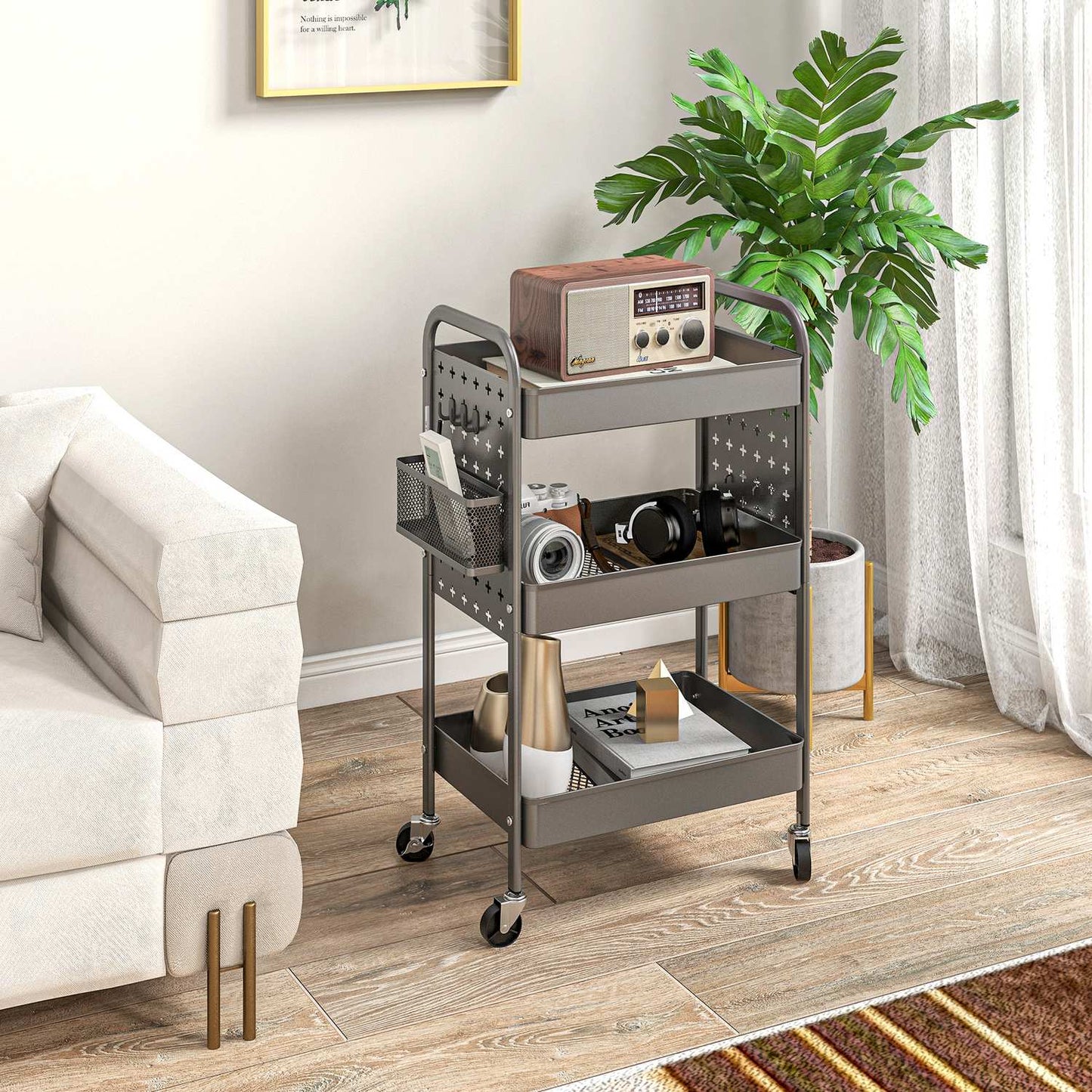 3-story kitchen trolley in dark gray steel with baskets