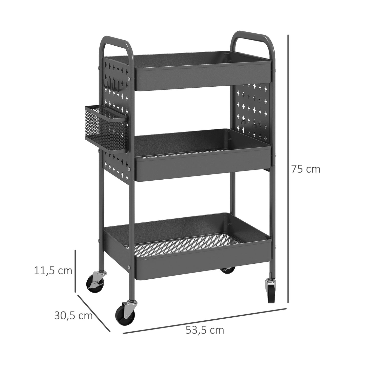 3-story kitchen trolley in dark gray steel with baskets
