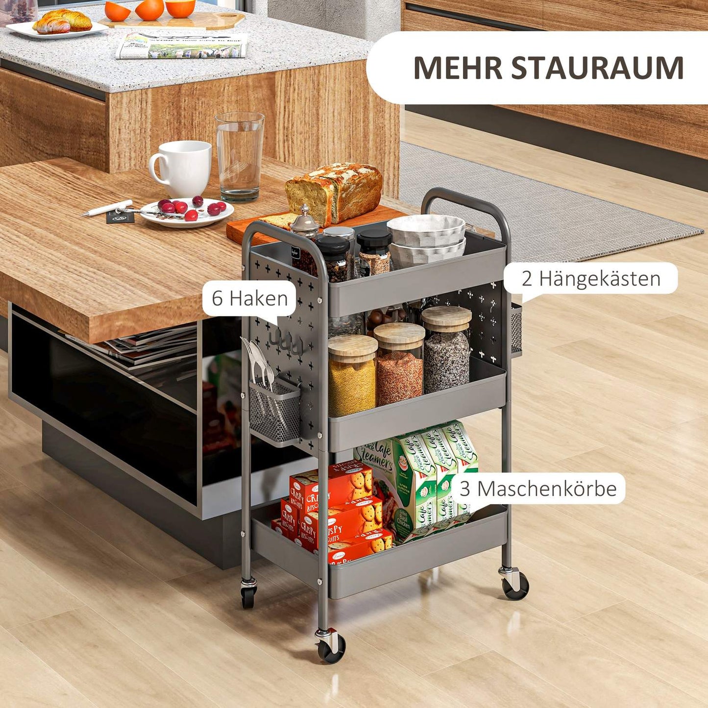 3-story kitchen trolley in dark gray steel with baskets
